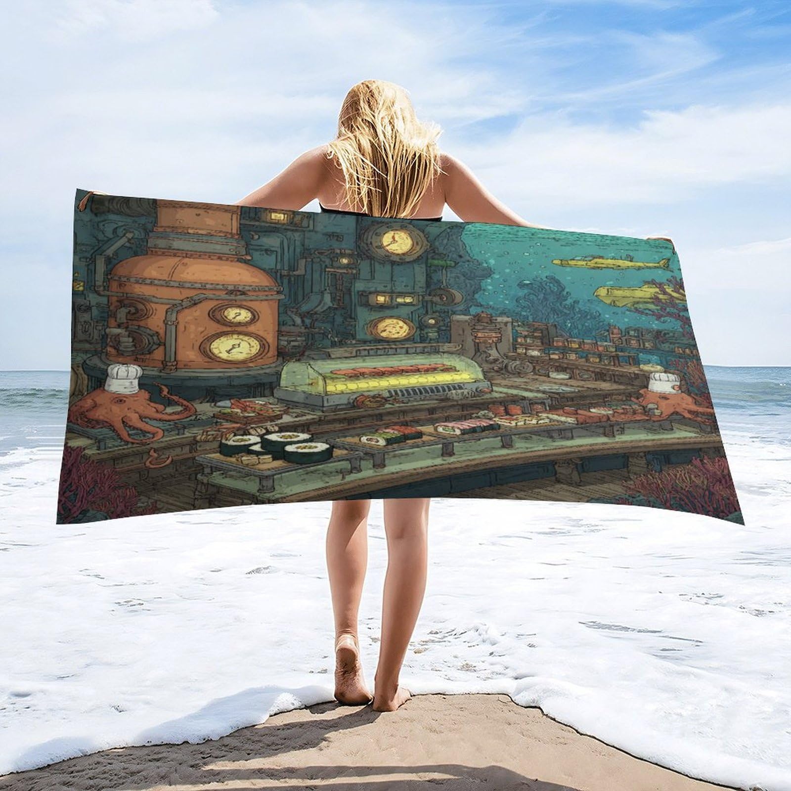 LUYYSKY Classic Watercolor Octopus Chef Quick-Drying Beach Towel, Fantasy Japanese Sushi Underwater Animal Octopus Fish Travel Vacation Single Sided Pile Bathroom Towels-80 W cm x 160" L cm