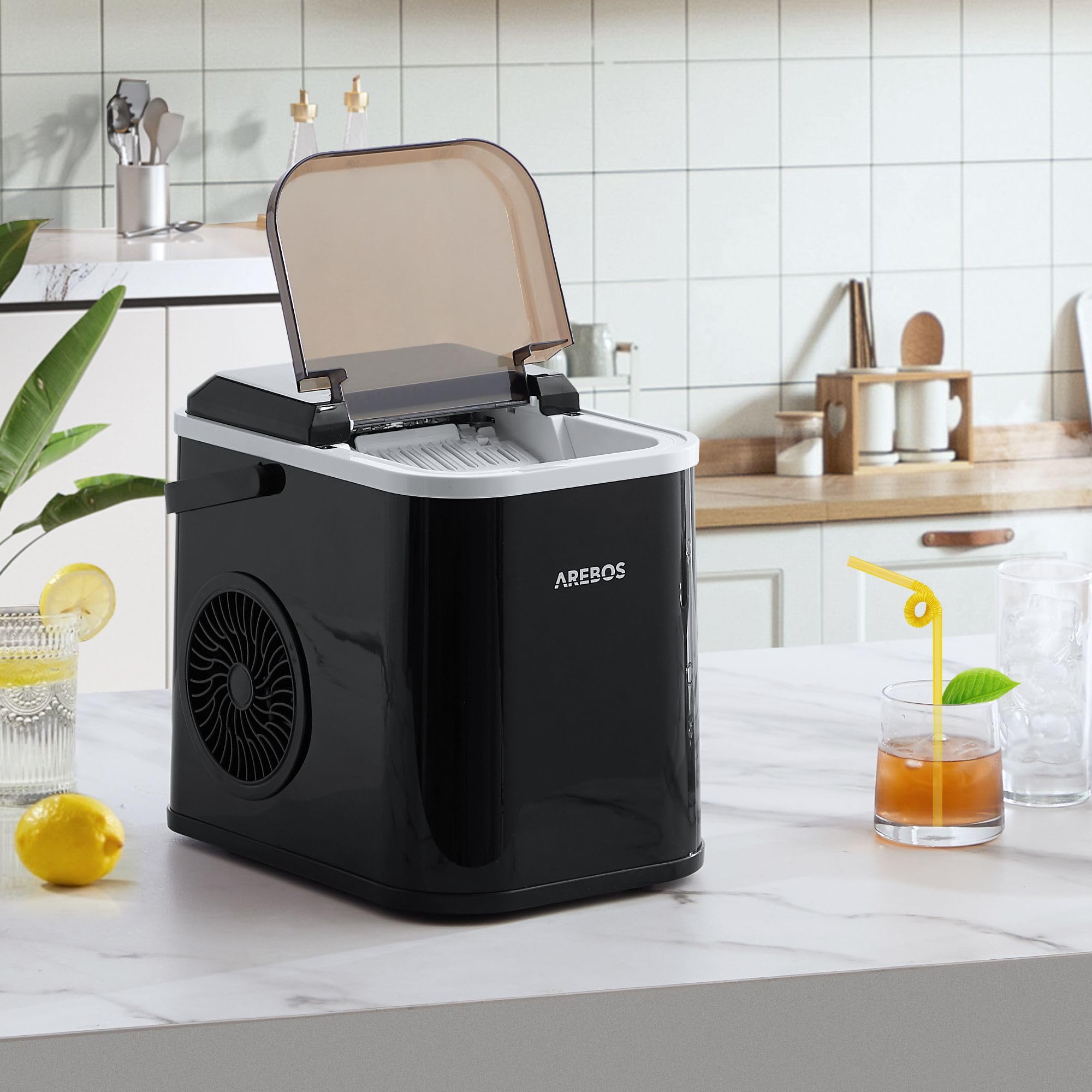 Arebos Fabbricatore di cubetti di ghiaccio | 12 kg / 24 h | Tempo di produzione di 10-15 minuti | Serbatoio dell'acqua da 1,1 litri | Silenzioso | Funzione autopulente | Nero