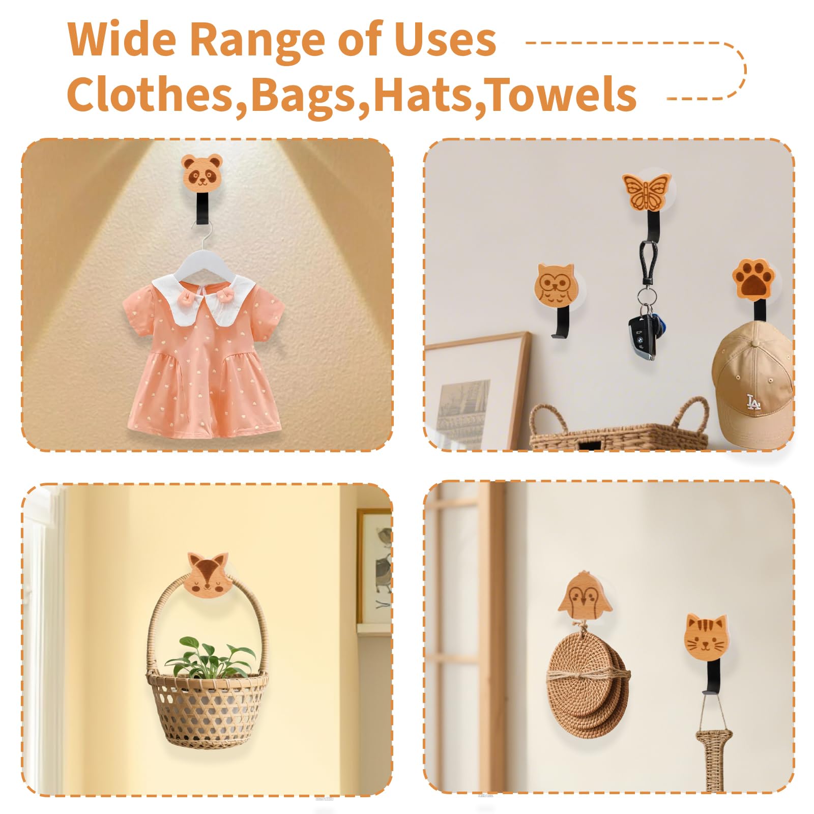 Lot de 9 Porte Manteau Enfant, Patere Murale Bois Animaux, Crochet Porte Manteau Enfant Mural, Patère Murale Adhésive sans Percage pour Chambre d'Enfant,Salle de Bain,Crèche(A)