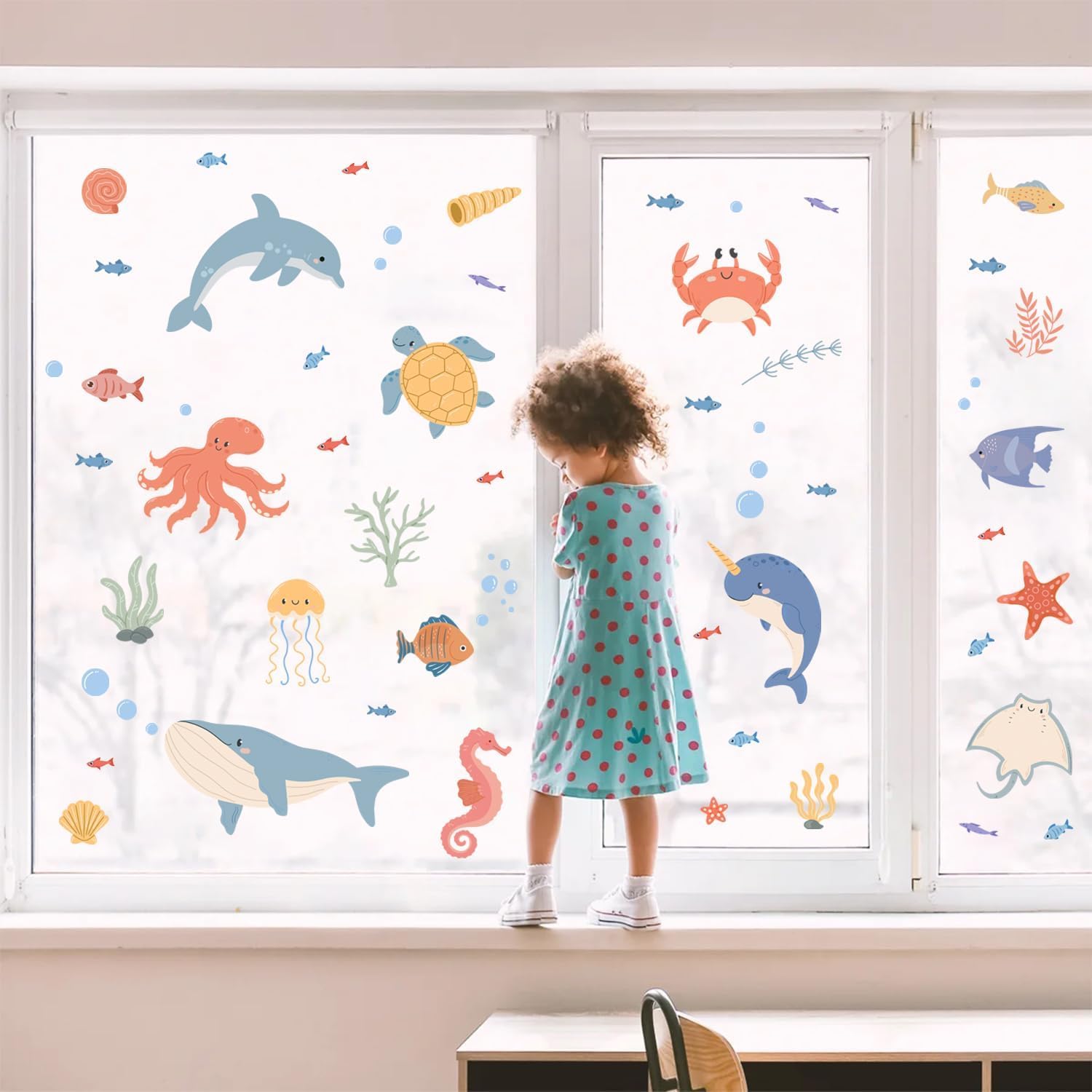 HPNIUB Under The Sea Kids Ocean Themed Wall Stickers 35”x12”Colorful Animal Room Sticker Fish Dolphin Window Clings Sea Life and Creature Removable Wall Stickers for Bathroom Kids Room Decor - Image 3