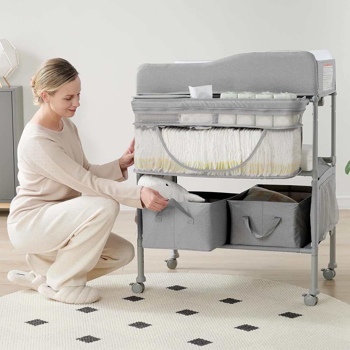 HENAE Portable Baby Changing Table, Extra Large Hanging Diaper Organizer and 2 Basket for Essentials, 3 Position Height Adjustable, Waterproof Pad and Foldable Diaper Changing Station,Light Grey