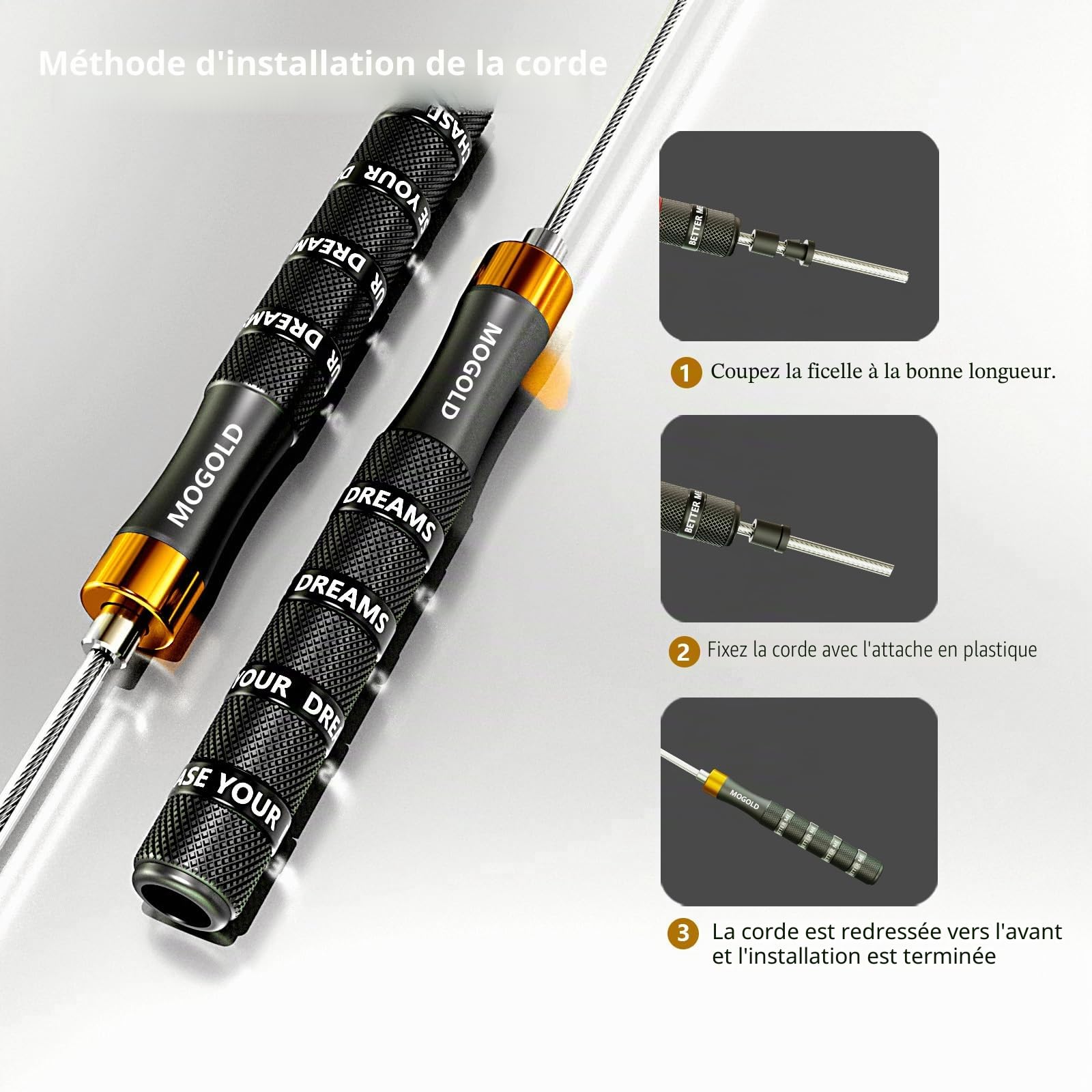 Pro Corde à sauter réglable – Fil d'acier PVC de 4 mm avec double roulement à billes et rotation à 360° – Poignées ergonomiques en métal/caoutchouc pour crossfit, HIIT, perte de poids