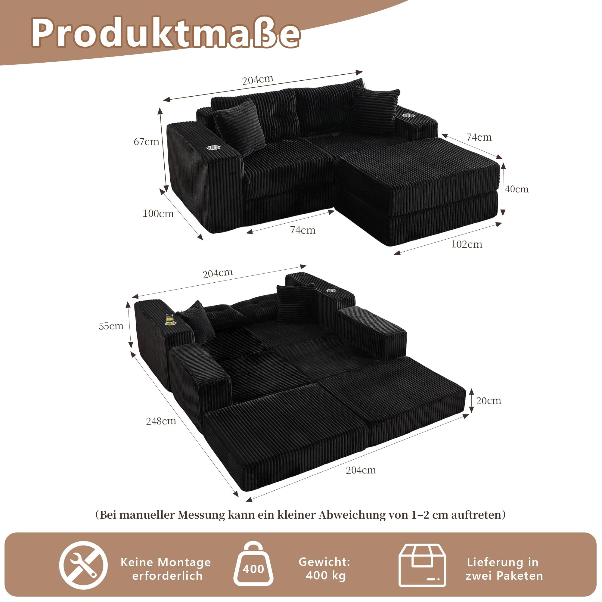 GRAVFORCE Modulares Schlafsofa 204cm L-Form Ecksofa mit Schlaffunktion