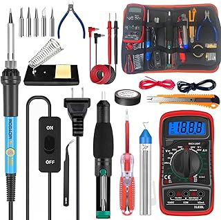 Electric Soldering Iron Kit, 20-in-1 60W Adjustable Temperature Welding Tool with ON-OFF Switch, 5pcs Tips, Digital Multimeter, Desoldering Pump, Solder Wire, Wire Cutter, Stand, Tweezer