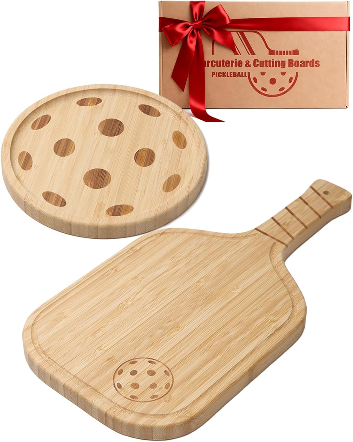 Pickleball Charcuterie Board Set – Bamboo Cheese & Cutting Board | 17" Paddle Board with Handle + 8.5″ Round Plate – Perfect Gifts for Pickleball Fans & Club Gatherings