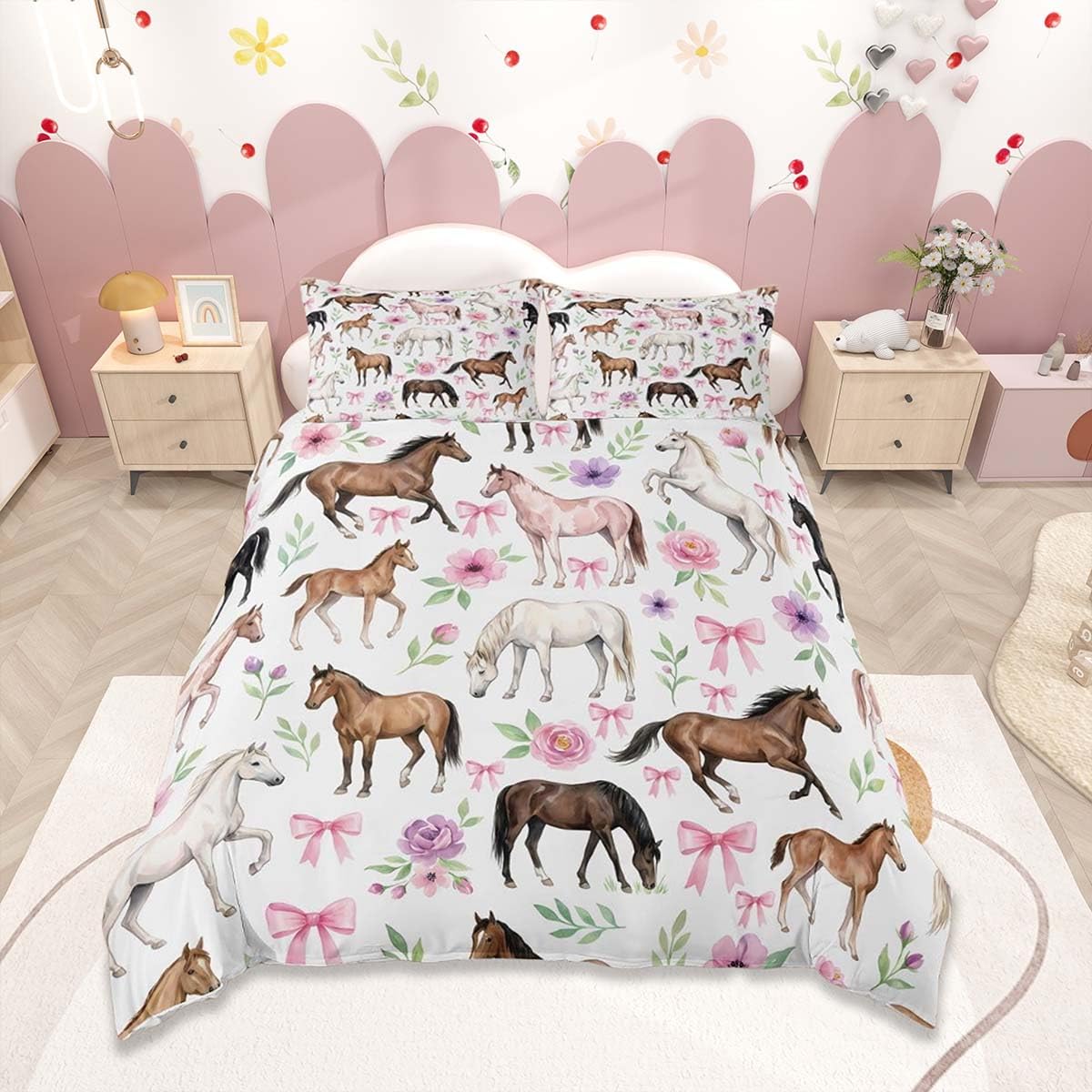 Homemissing Pink Bow Horse Duvet Cover Set Single Size for Kids Boys Girls Horse and Floral Bedding Set Cute Animals Duvet Cover with 1 Pillowcase Farm Animals Bedding â image 1