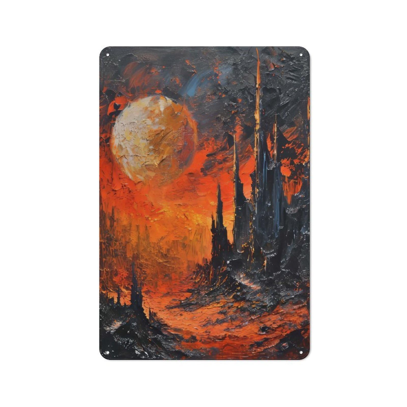 Junmoney Style-20 Workshop Style Garage Metal Sign 30X20cm Featuring Fiery Landscape With Dark Towers, Industrial Wall Art For Garage, Hobby Room, Office Or Man Cave