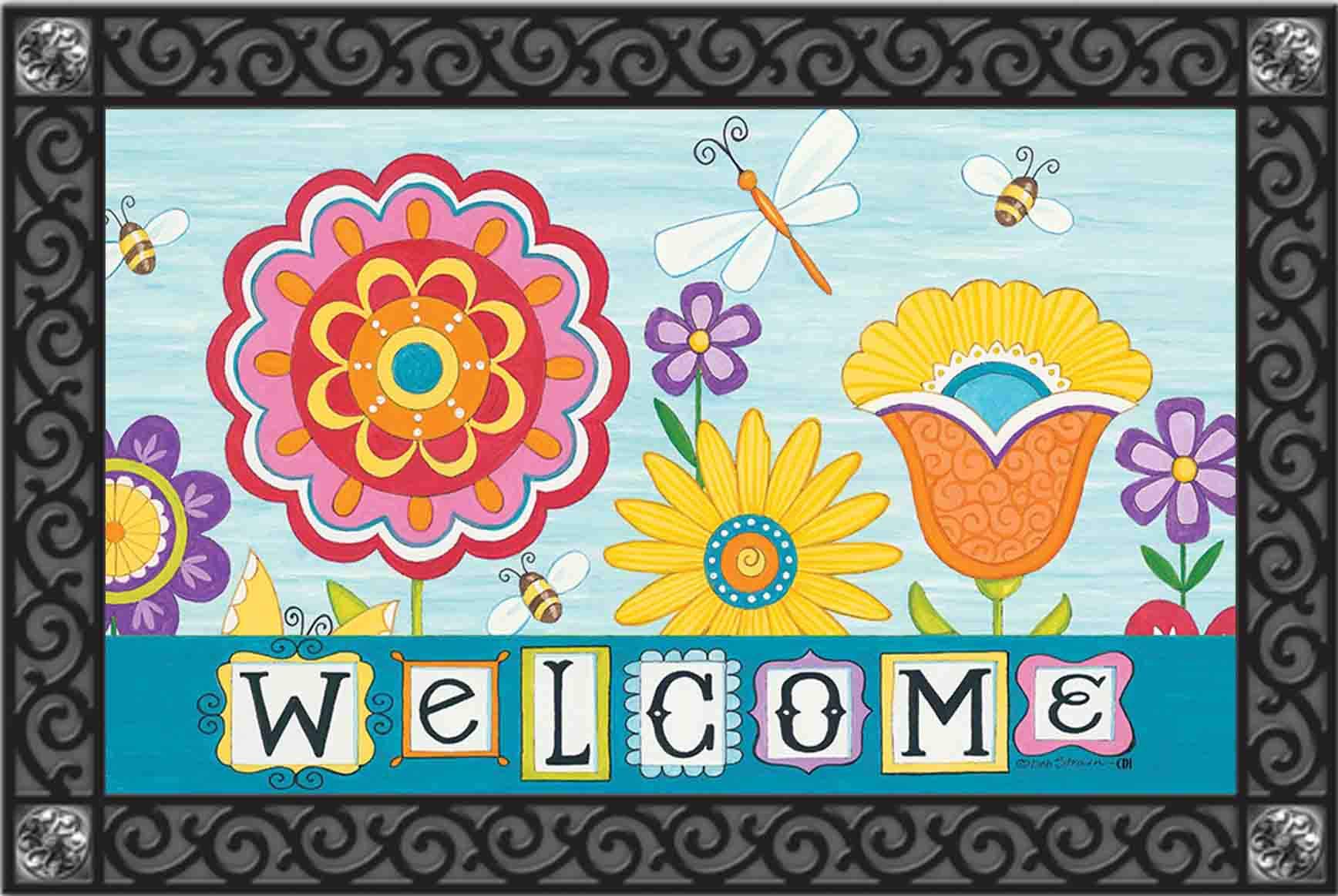 ELEQIN Home Interior Exterior Door Mat Square Mats for Garage Patio Balcony Area Carpet Anti Slip Backing Home Entryway Decor Cartoon Flower Welcome Pattern