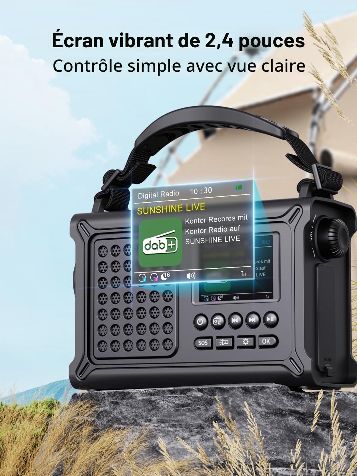 ROCAM Radio d'urgence Dab+/FM avec Bluetooth, Radio Numérique Portable 12000mAh avec Panneau Solaire 8500mm² & Manivelle 650mA, Écran Couleur 2,4", 80 Stations, SOS, Lampe LED, USB, IPX6 pour Camping