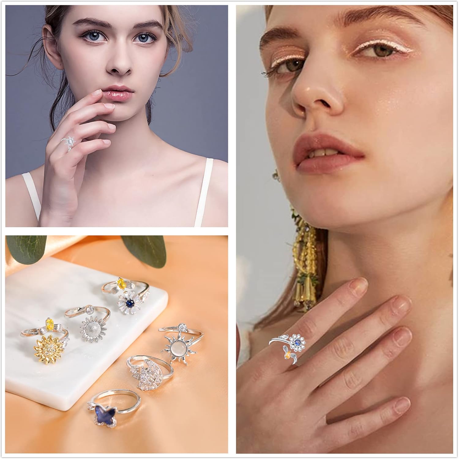 Honsny Fidget Rings for Women, Spinner Fidget Ring Set, Sunflower Butterfly Bee Star Moon Relief Spinning Rings for Adults - Image 4