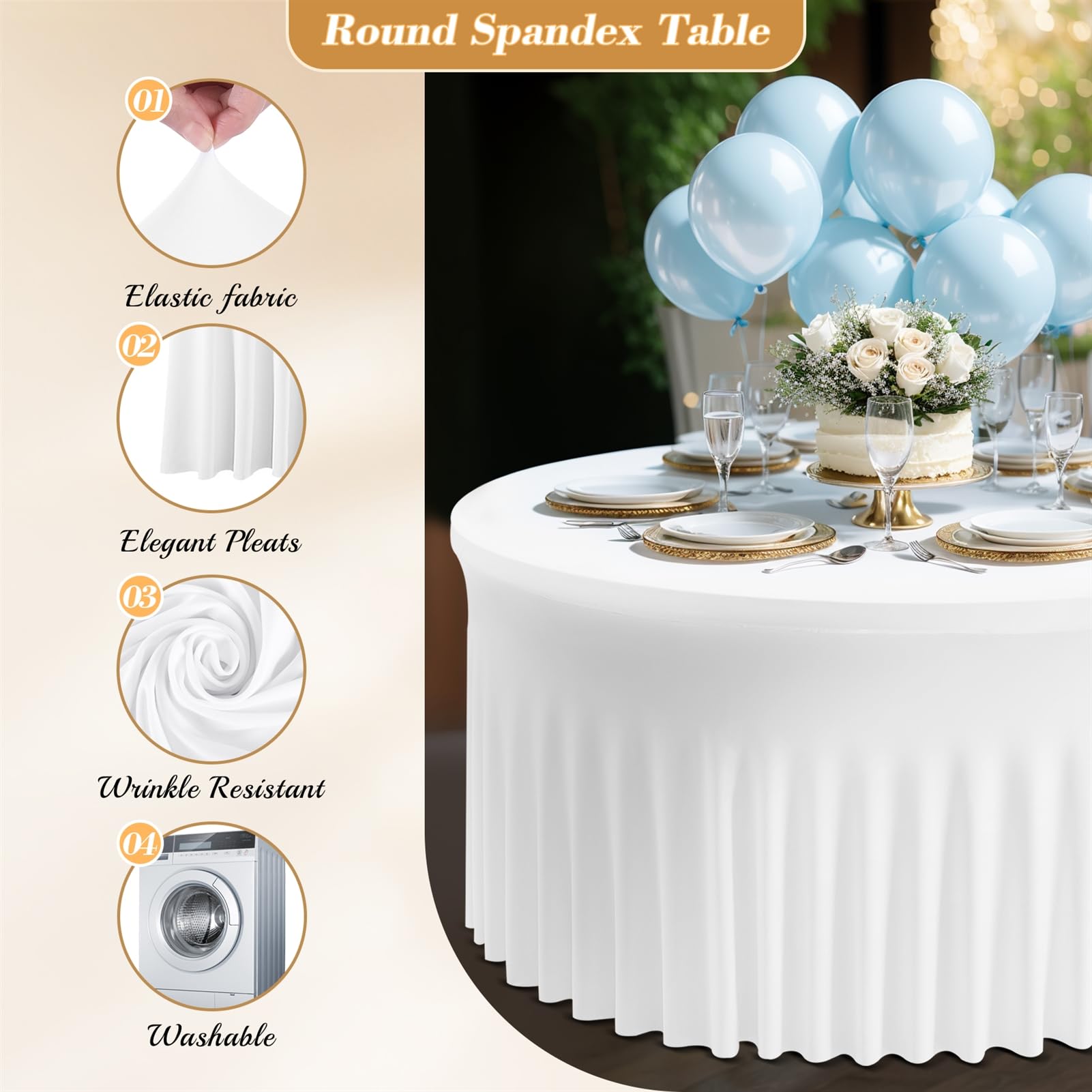 Heavyoff Table Skirts for 48 inch Round Table Spandex Table Covers Wrinkle Free Fitted Table Skirts Ruffle Elastic Desk Skirt for Wedding Birthday Party Dining Banquet, White