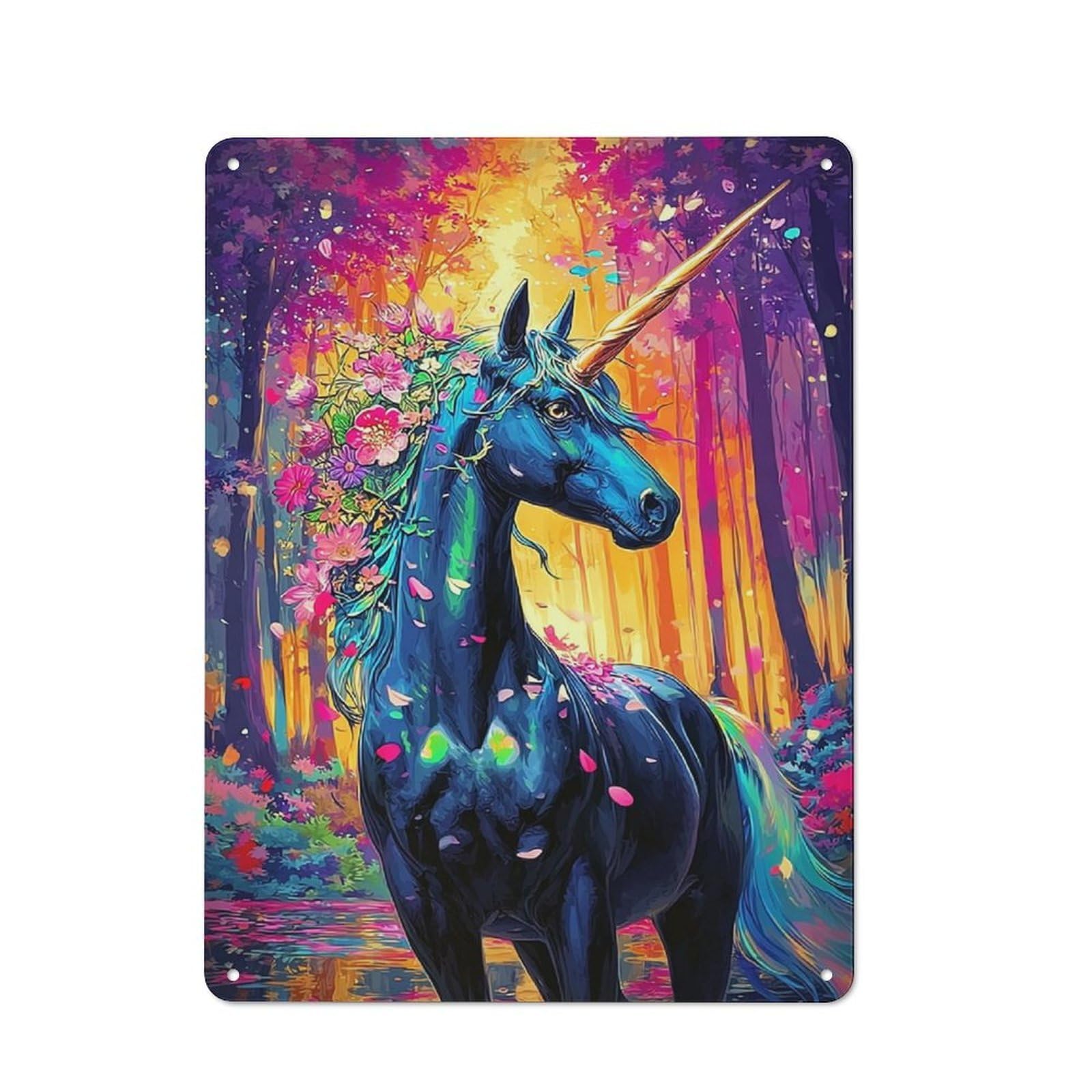 Decorative Tin Plaque with Magical Unicorn Forest Design 40x30cm, Classic Novelty Wall Art for Flat, Dorm Room, Lounge Or Cafe