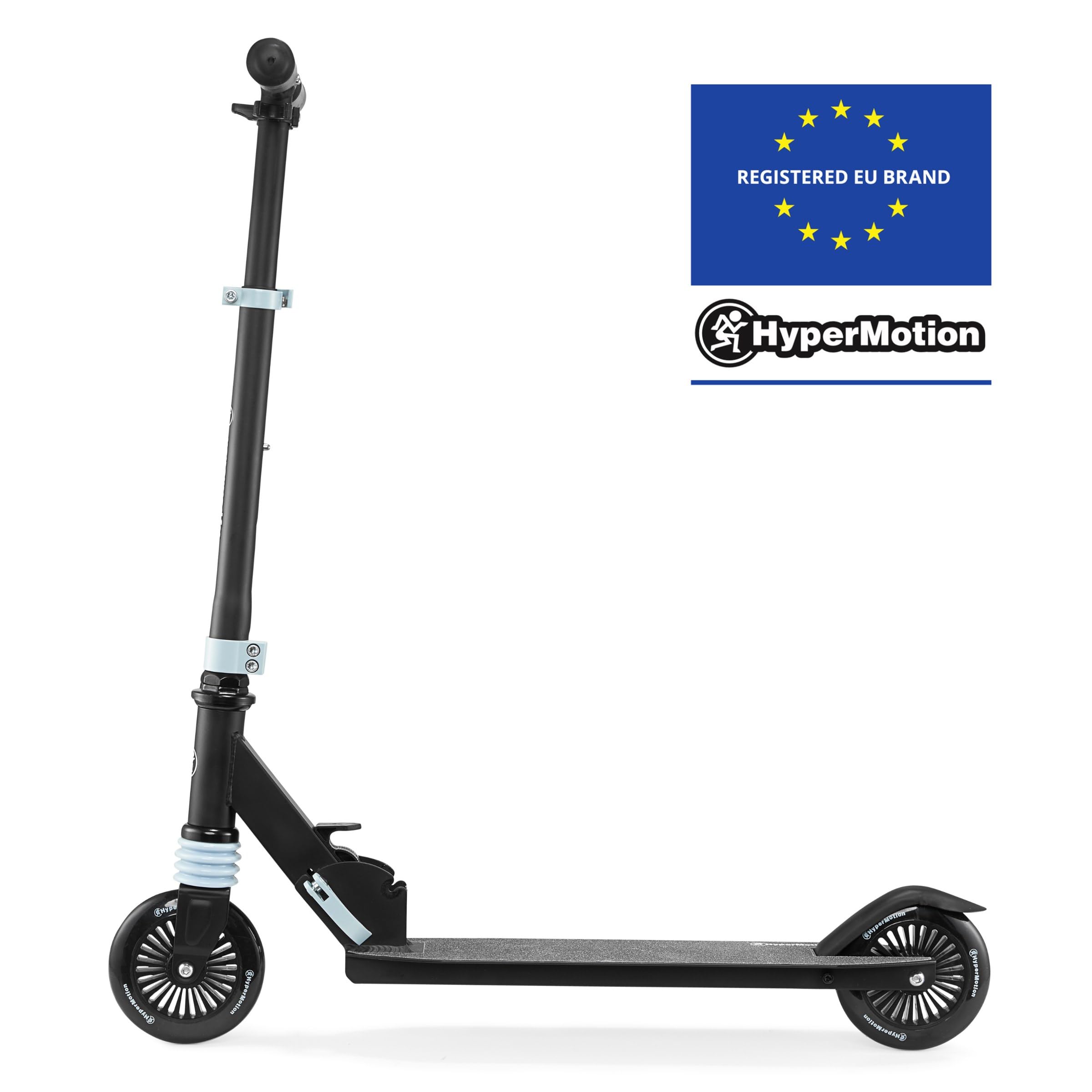 HyperMotion Monopattino Bambini Pieghevole, Modello Wally a Spinta con Ammortizzatore Anteriore, Manubrio Regolabile e Ruote 125 mm, Monopattino 2 Ruote per Bambini 4+ Anni, Nero e Blu