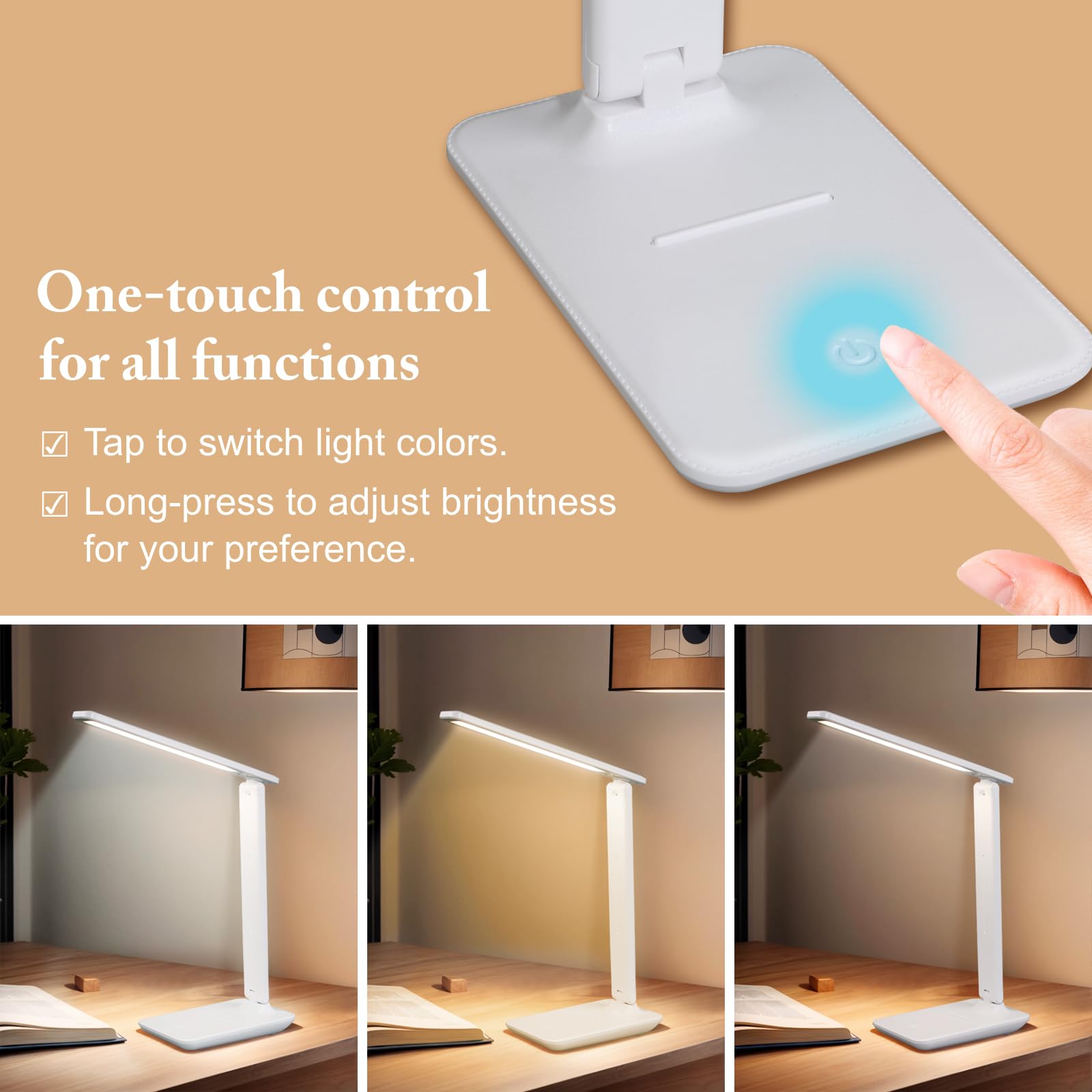 Lámpara de escritorio LED portátil, lámpara de mesa amigable con los ojos para oficina en casa, lámpara de escritorio recargable regulable con 3 modos de color, control táctil, diseño plegable y 2