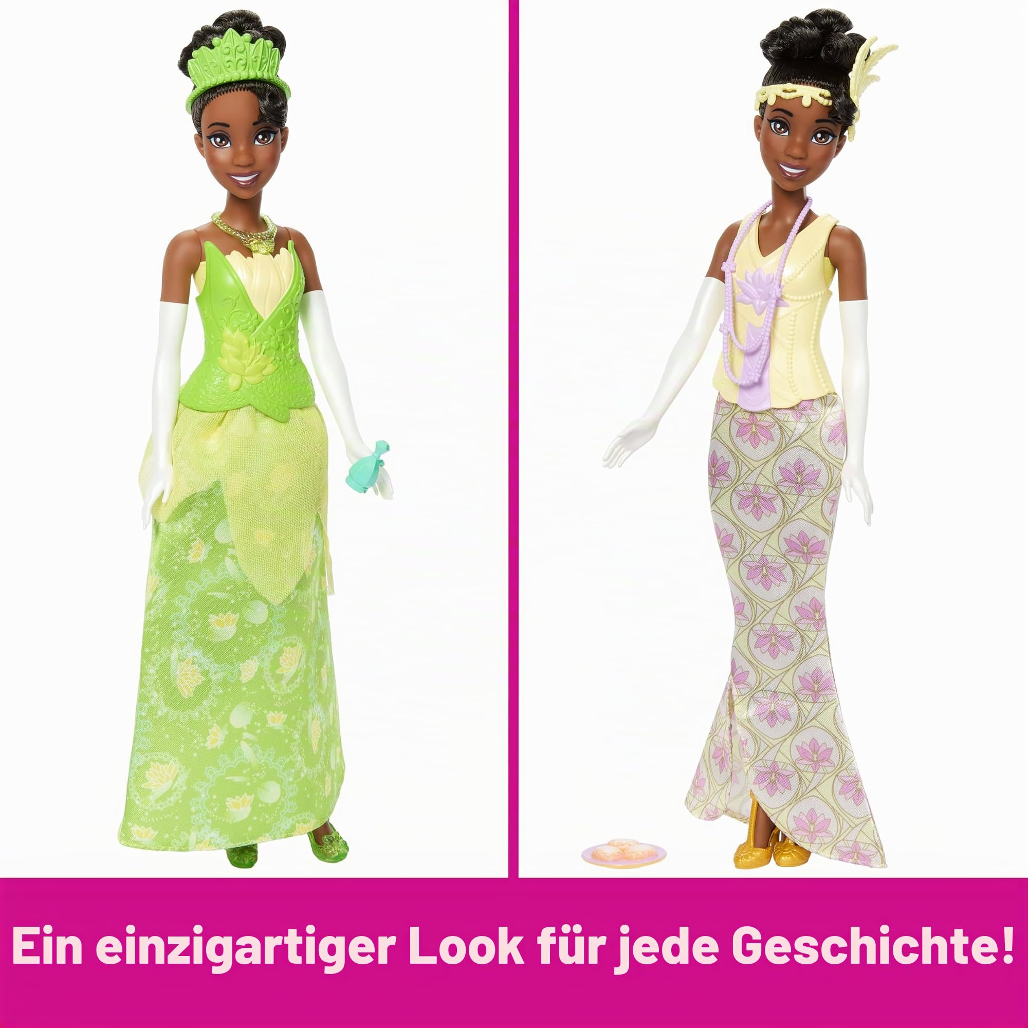 Disney Princess Mattel Toys, Tiana Modepuppe mit 2 Looks, 9 Accessoires, 2 aufsteckbaren Miedern & 2 Röcken, 2-in-1-Geschichten inspiriert vom Disney-Film
