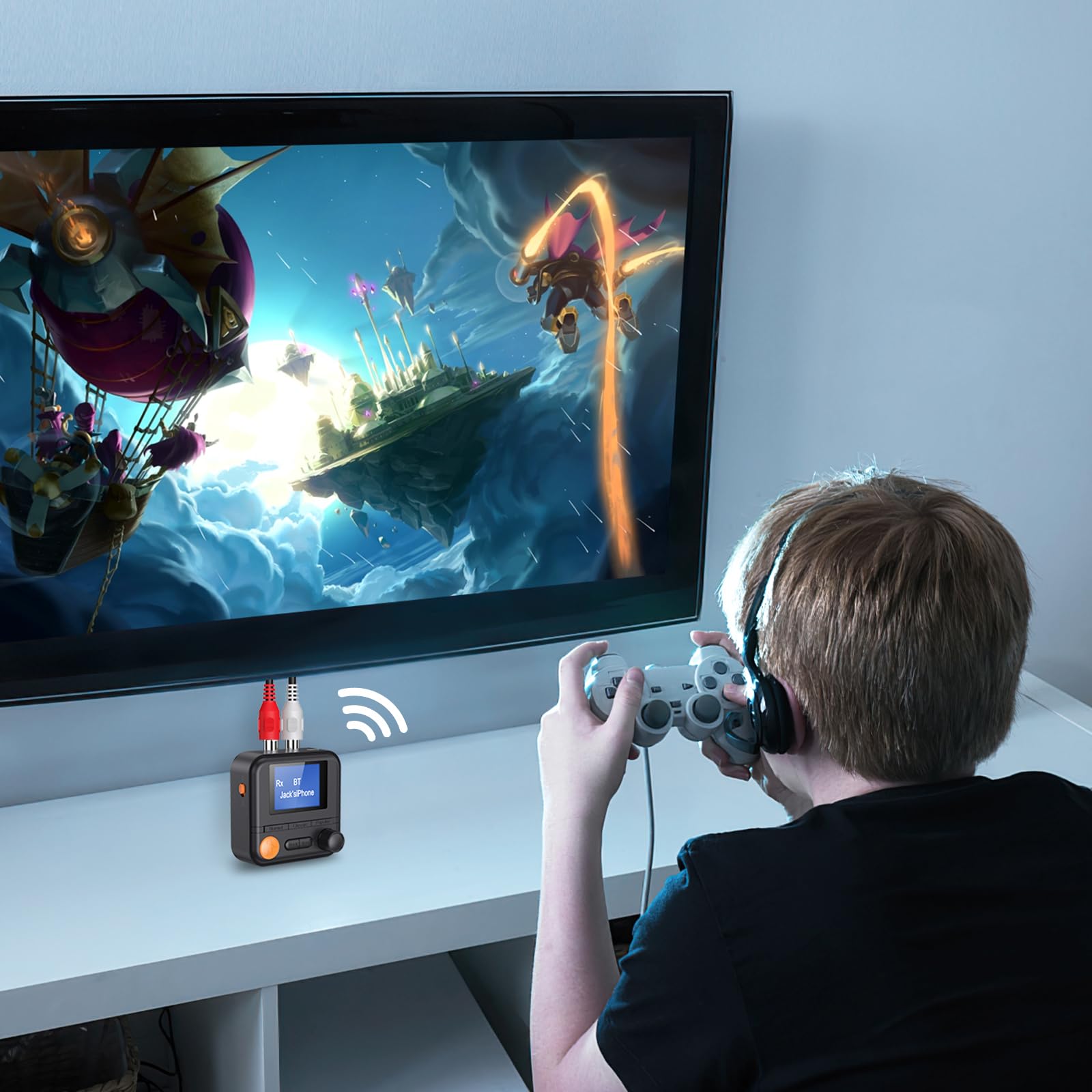 ORIA Adapter Bluetooth 5.2, 2 w 1, odbiornik Bluetooth AUX z ekranem 1,4", 5 trybów EQ, kabel AUX i RCA, bezprzewodowy adapter muzyczny Bluetooth do radia samochodowego, domowego stereo, słuchawek,