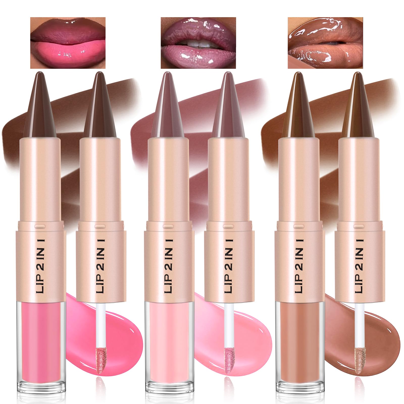 Noerrors 3pcs Lip Combo Sets for Black Women, Lip Liner and Gloss Kit 2 in 1 Dual-End, Nude Brown Lips Liner Combo Pink Ombre Moisturizing Plumping Gradual Lips Makeup Set A