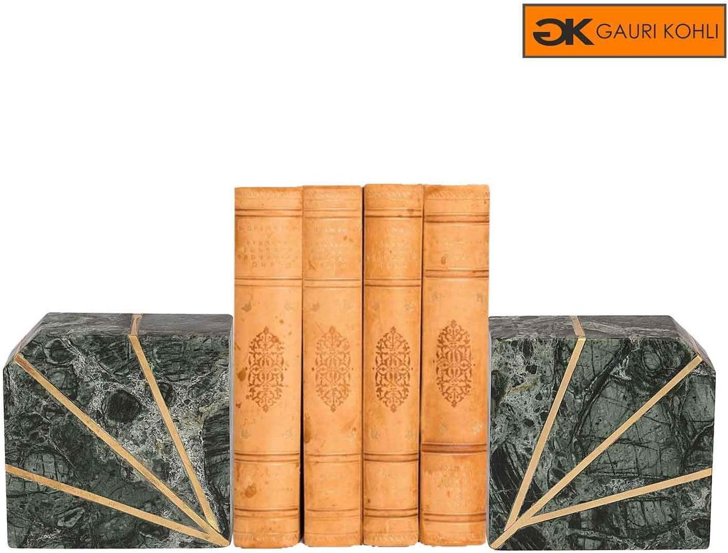 GAURI KOHLI Beautiful & Rustic Marble Bookends With Brass Inlay (Colour Green | Set Of 2)