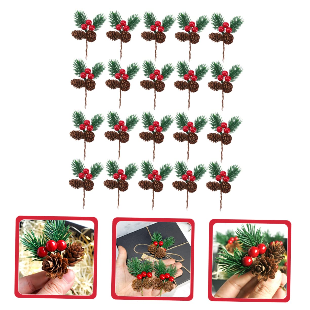 Abaodam 60piezas Adornos Navideños De Ramas De Pino Artificial Rojas para Decoración De Árbol Guirnaldas y Manualidades De Navidad