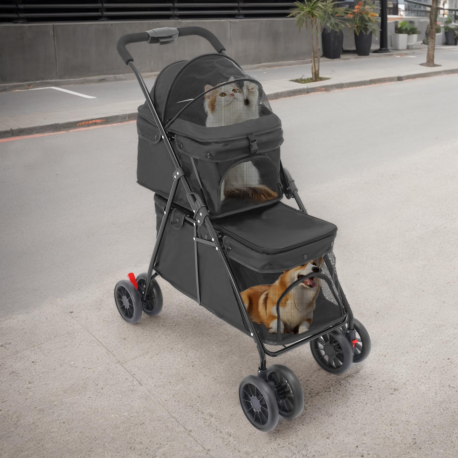 Passeggino pieghevole per cani, 2 ripiani, per cani e gatti, con custodia e cinture di sicurezza, per cani e gatti (nero)