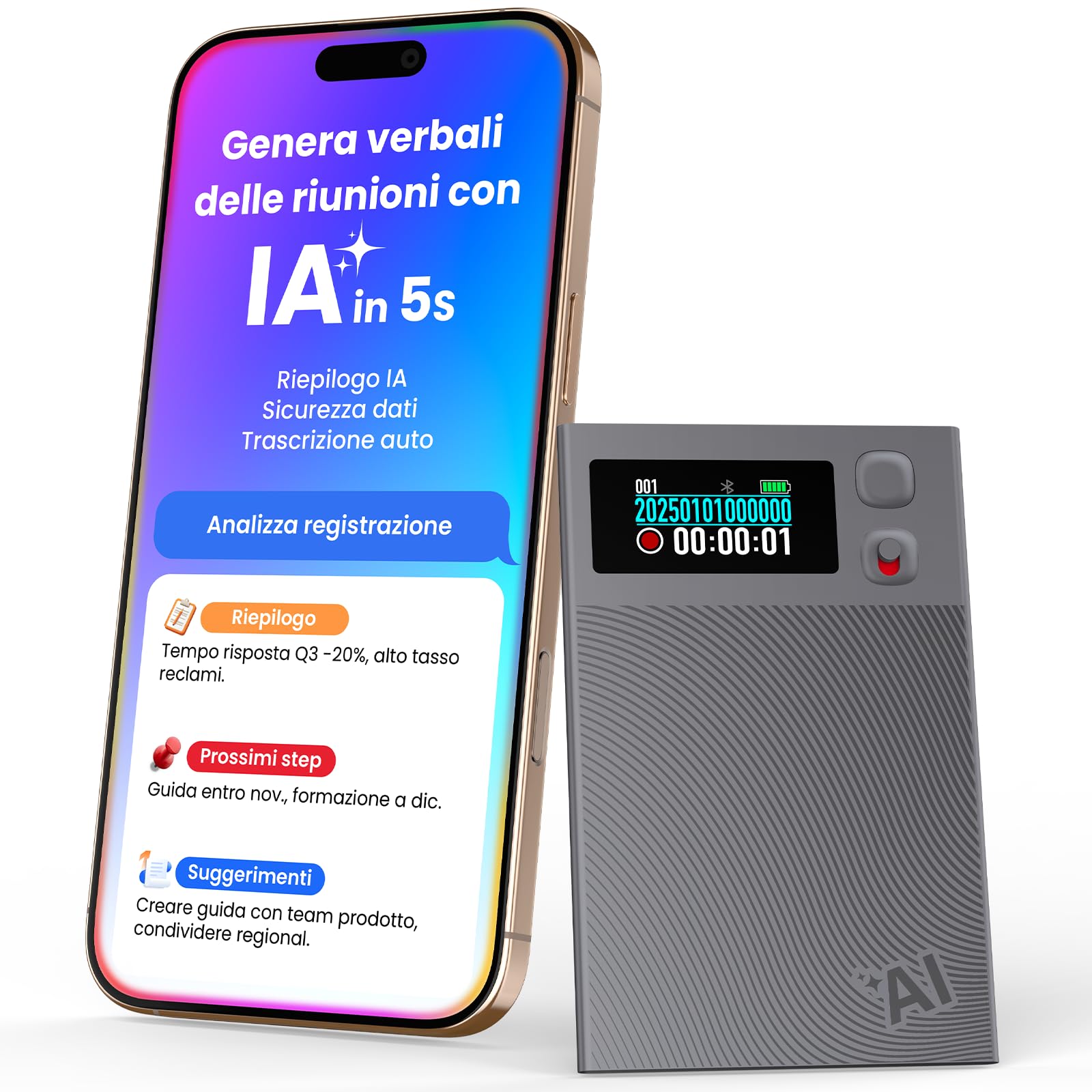 NEWYES Ailog Registratore Vocale AI con App Dedicata, Trascrive e Riepiloga, Traduzione in Oltre 188 Lingue, Memoria da 64 GB per Riunioni, Lezioni, Chiamate, Affari