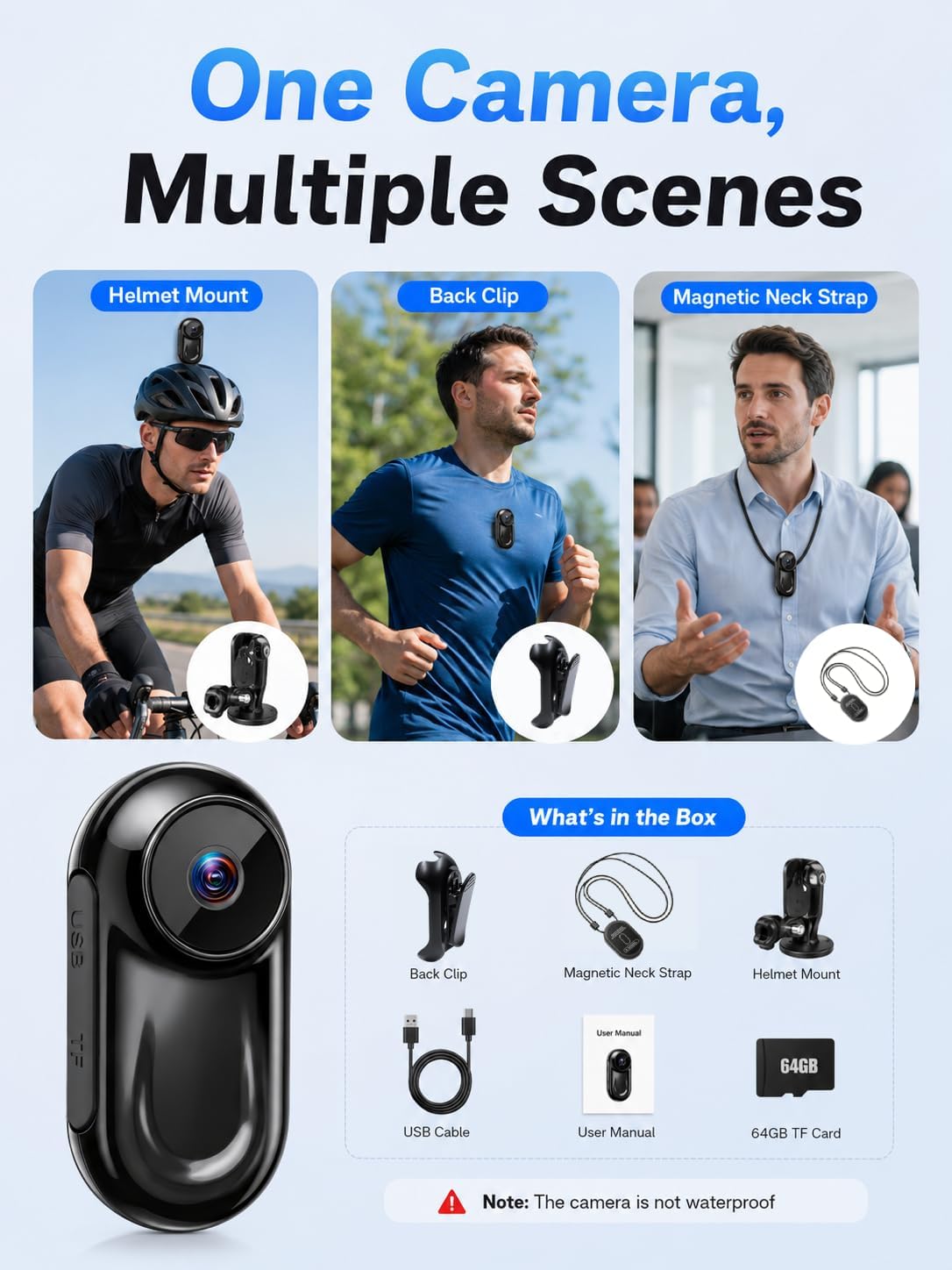 Mini Body Camera 1080P, Small Action Camera, Thumb Camera, Magnetic Wearable Body cam for Hands-Free Recording, Helmet/Bike Mount, Pocket Body Cam for Travel/Sports/Cycling/Vlogging, 64G
