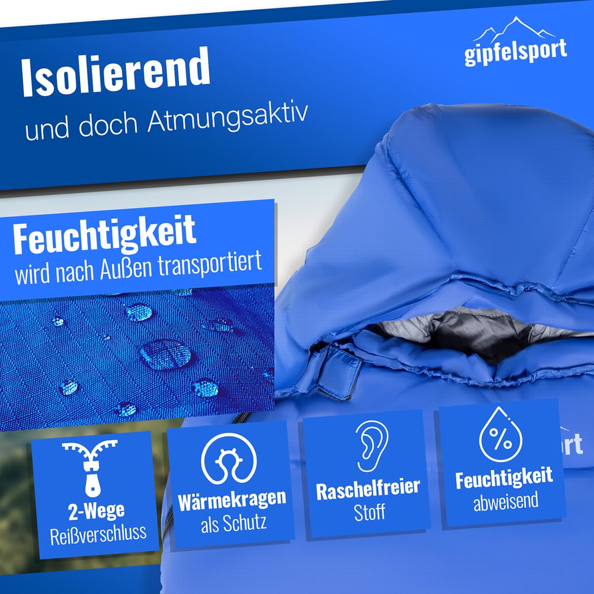 gipfelsport Saco de Dormir - Saco de Dormir Rectangular de Exterior para Adultos y Niños | para Invierno, Otoño y Primavera