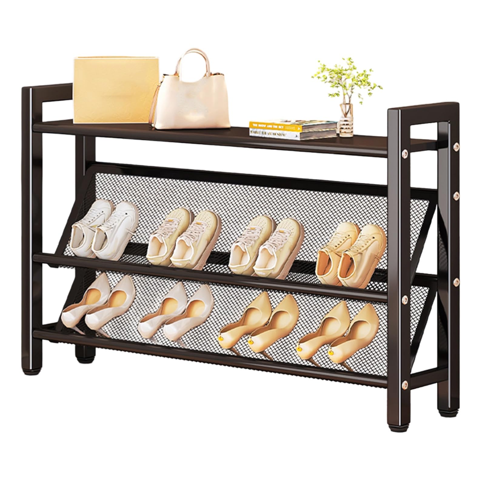 Étagère à chaussures fine métal noir 15cm meuble de rangement gain de place 90x66