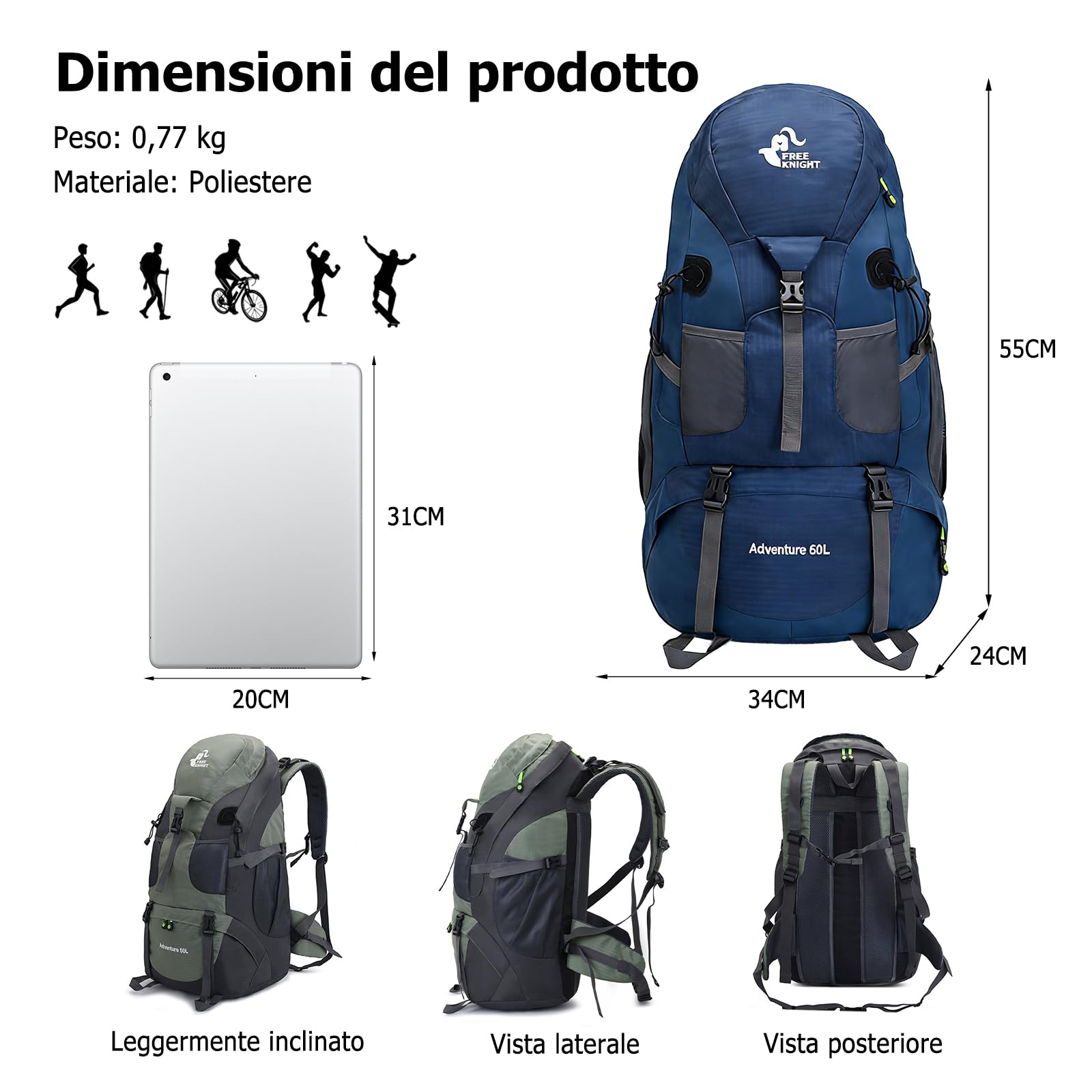50L Zaino da Trekking Zaino Grande Impermeabile Zaini Poliestere Donna Uomo Backpack per Escursionismo Campeggio Arrampicata Viaggio Blu Marino