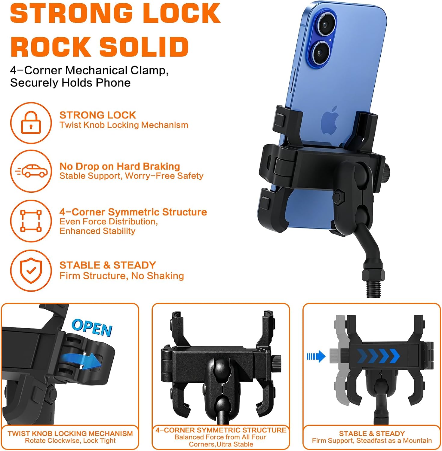 SHEJISI Motorcycle Phone Mount for M10x1.25 Rearview Mirror Mount Hole, Plug-and-Play Space-Saving, Aluminum Alloy One-Click Lock, 360° Rotation, Universal fits 5.5"-7.2" Phones & Action Cameras