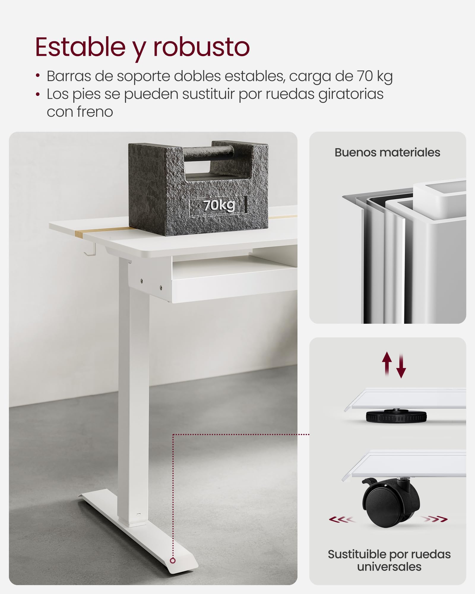 VASAGLE Escritorio Regulable en Altura, Mesa Regulable, Enchufe y Cajón, 60 x 140 cm de Encimera, Ajuste Continuo, 4 Funciones de Memoria de Altura, Blanco LSD114W01