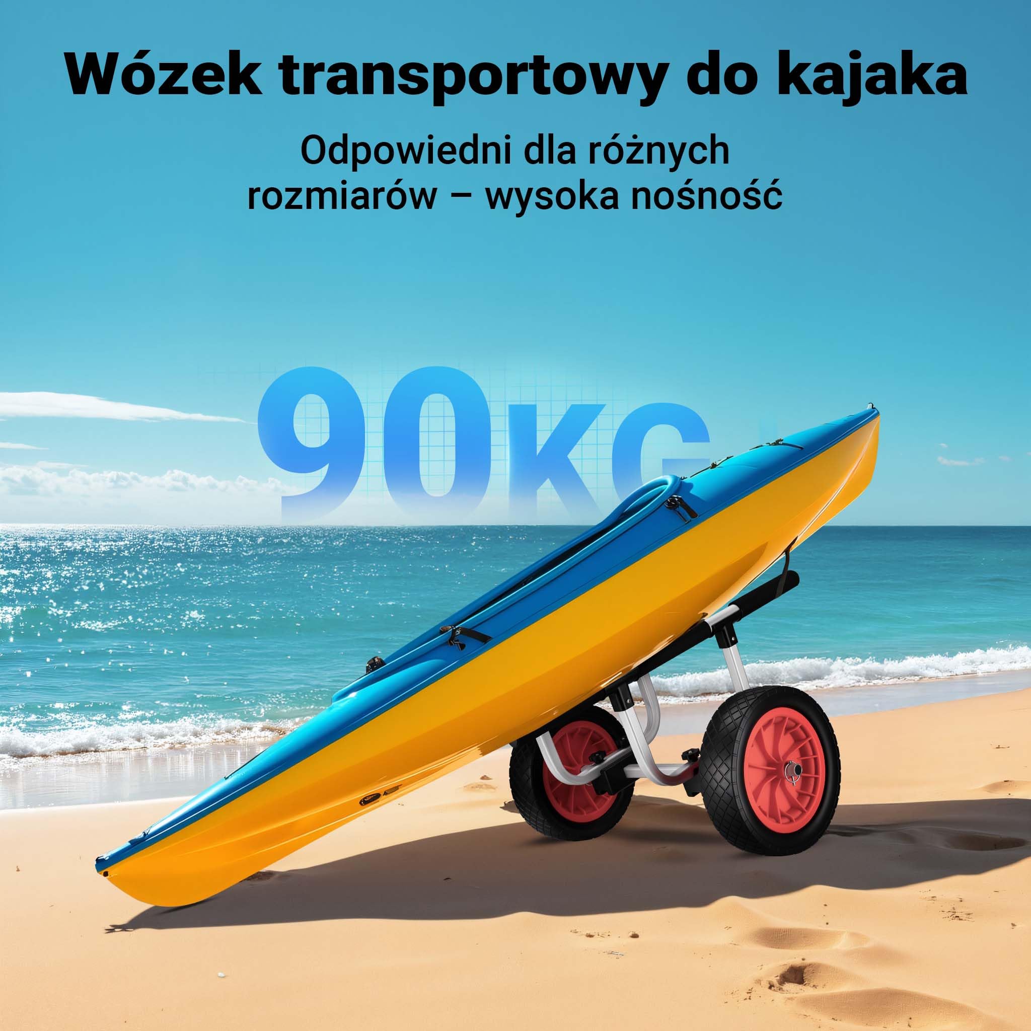 Regulowany aluminiowy wózek kajakowy Wiltec do 90 kg, wózek transportowy do łodzi, kajaków i kanoe, wózek surfingowy z poduszkami, kółka i paski PU ⌀31 cm