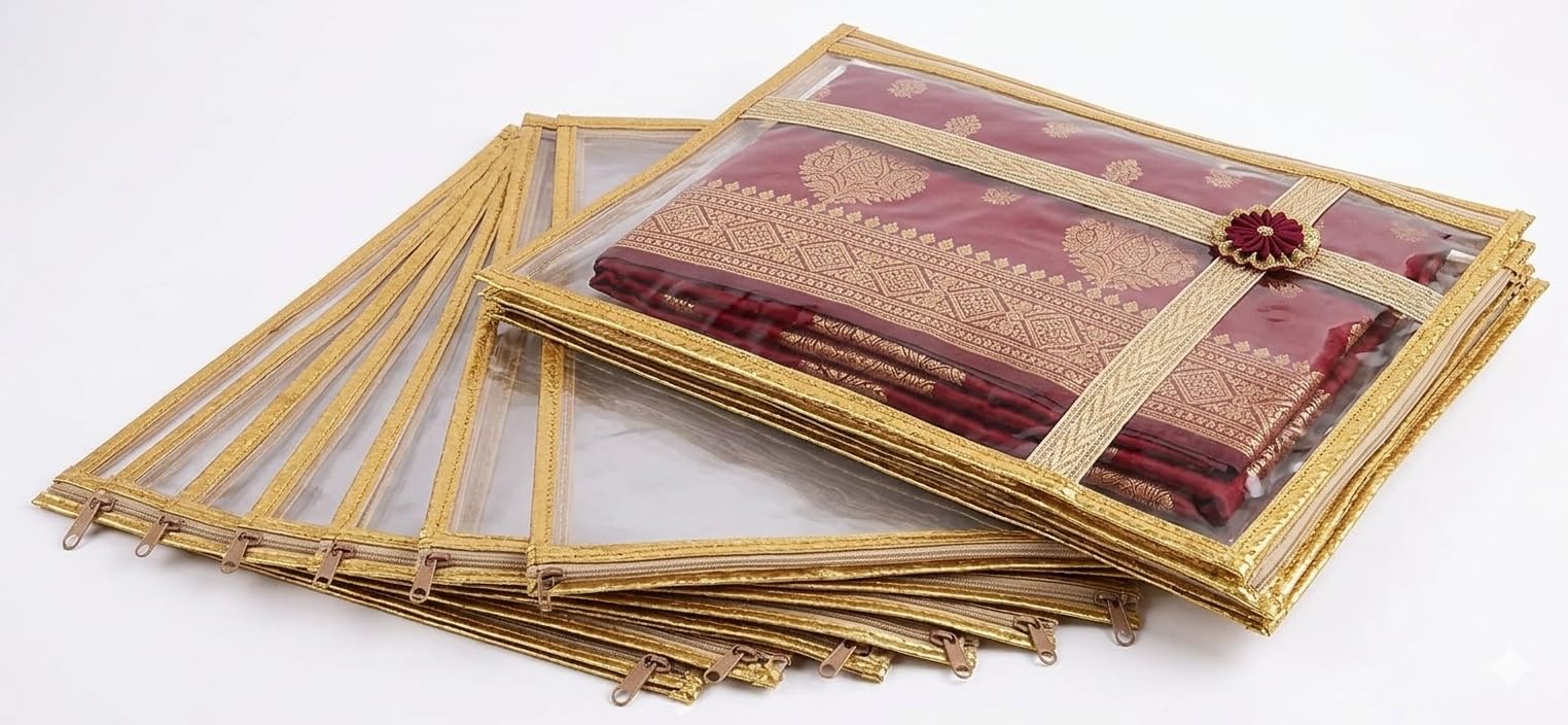 Indianearth Enterprises Premium Transparent Saree Cover, Saree Bags For Storage, with Gold Border and Flower Brooch, Clothes Cover Organizer for Wardrobe, Travel, Wedding Dresses (Pack of 10)