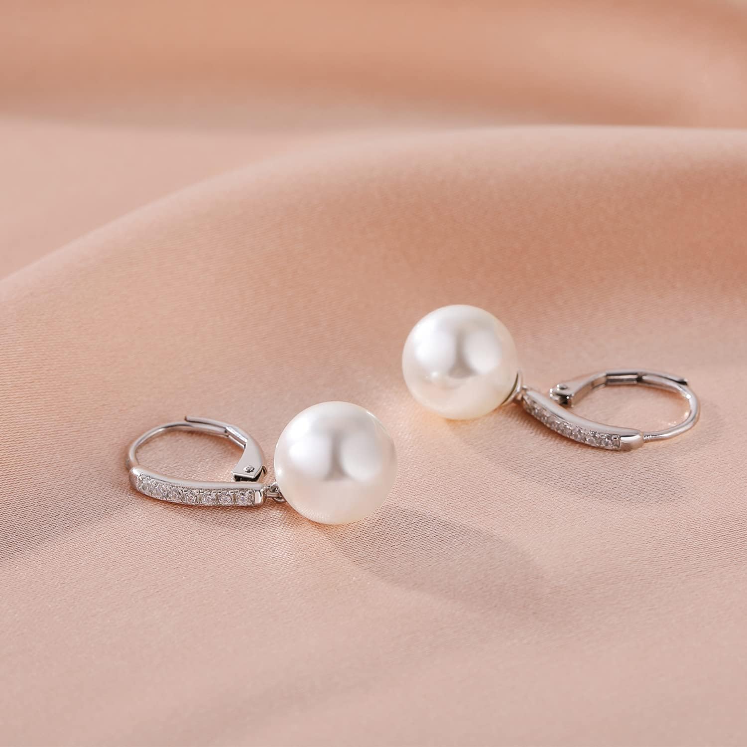 JiayangJY Pearls Earrings for Women, 5A CZ Diamonds Sterling Silver Dangle Earrings with 8MM 10MM Pearl