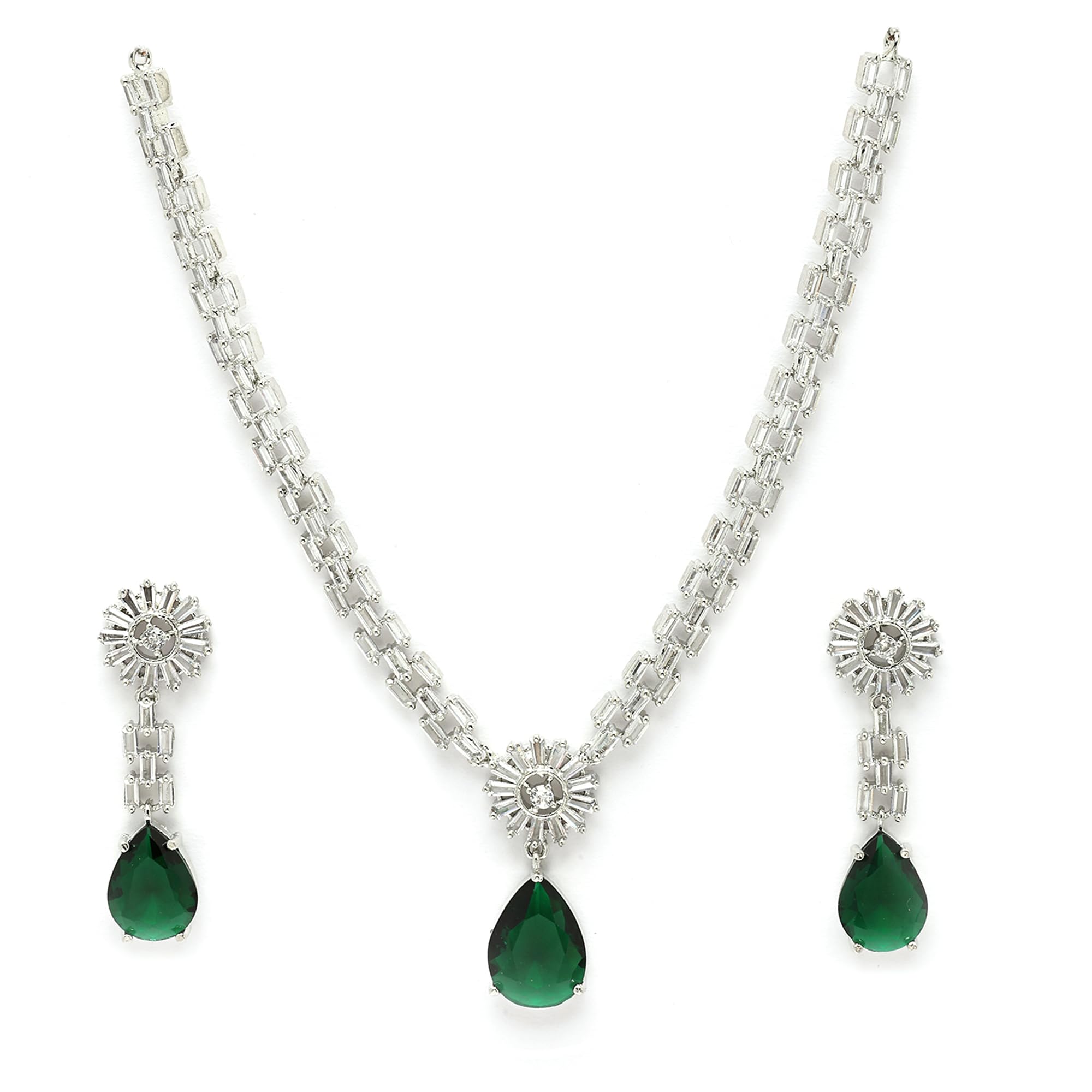 Rhodium Plated Brass Silver Toned Luxurious Sparkle Pink Necklace & Earring Jewellery Set For Women & Girls-image-42