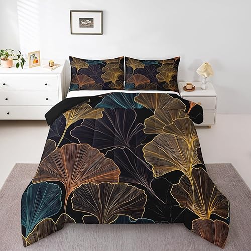 Miniatura 3 de Erosebridal Juego de edredón de hojas de ginkgo tamaño Queen juego de ropa de cama de hoja de ginkgo y biloba para niños edredón botánico estilo