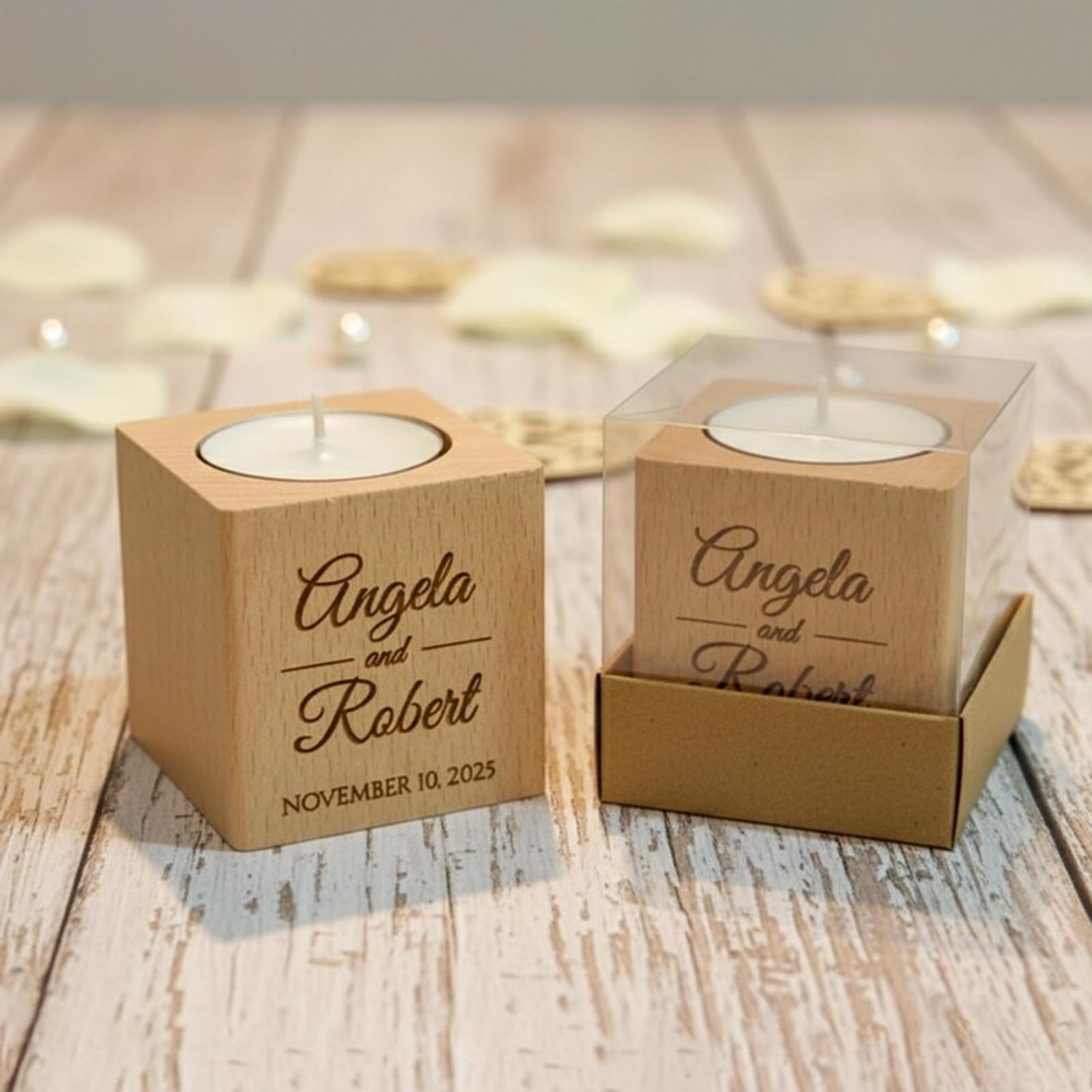 Portavelas de madera personalizados para boda, recuerdos rústicos grabados (30 piezas)