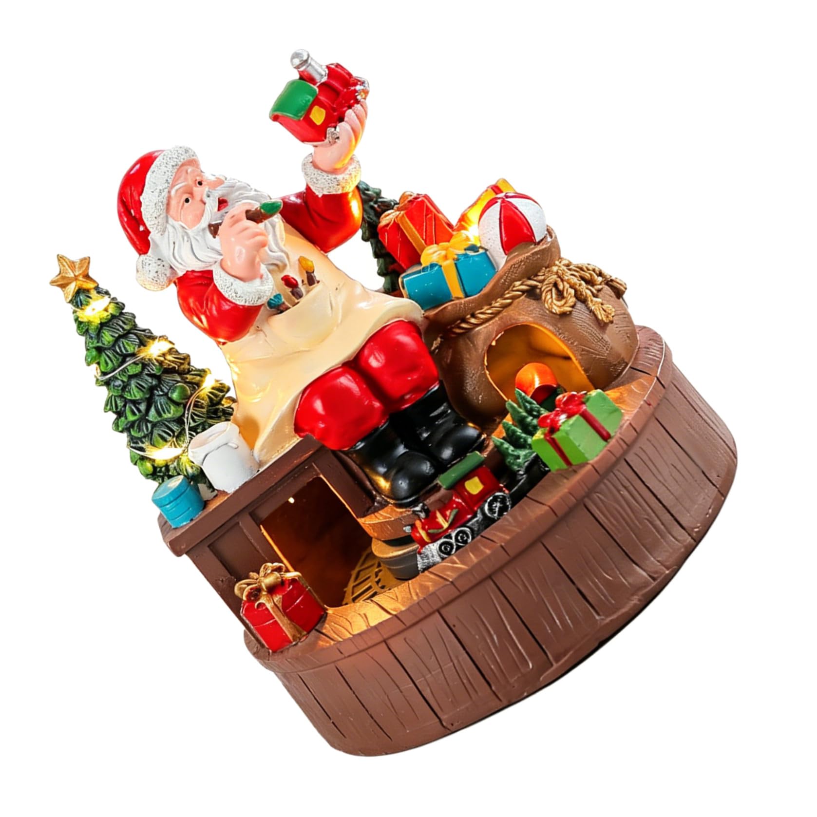 Caja Musical de Papá Noel de Resina con Luces LED y Tren Giratorio