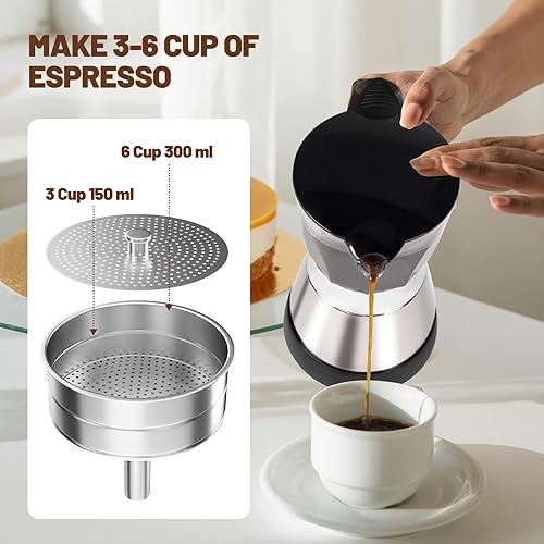 Miniatura 7 de Olla eléctrica Moka para 6 tazas de 10.1 fl oz de plástico transparente, cafetera portátil de acero inoxidable, cafetera italiana, máquina de greca,