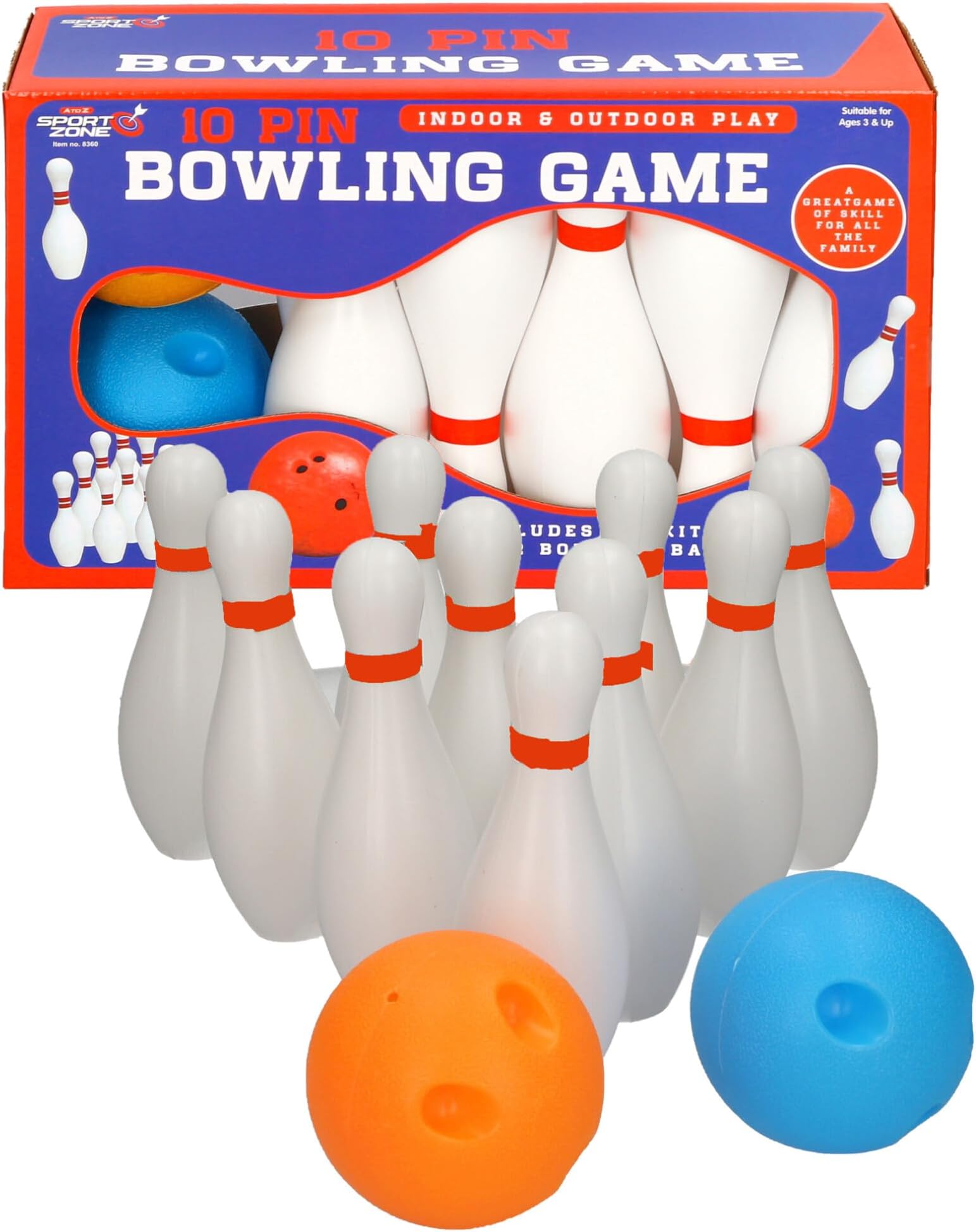 Sport Zone 10 Pin Bowling Game Set, Indoor & Outdoor Play, Ages 3+, Includes 10 Skittles and 2 Bowling Balls