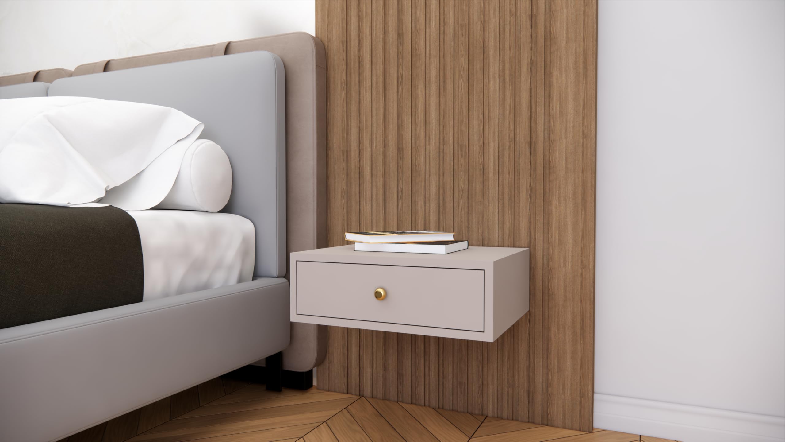 Modern Wall Mounted Bedside Table with Drawer | Floating Nightstand with Knob Handle | Space Saving Wooden Bed Side Table for Bedroom (Beige)-image-47