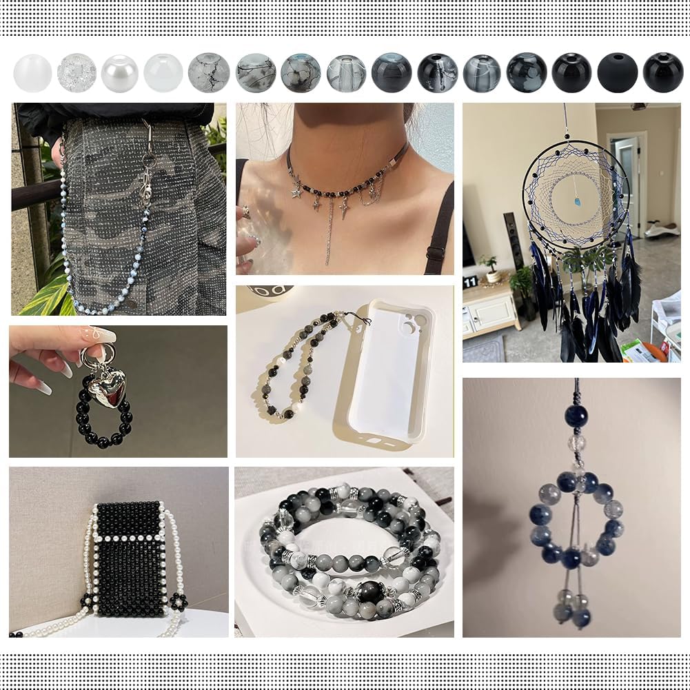PH PandaHall 600pcs 6mm Black White Glass Beads 15 Styles Round Bracelet Beads Small Crackle Crystal Glass Bead Bulk Small Frosted Loose Jewelry Bead for Necklaces Bracelets Jewelry Making - Image 5