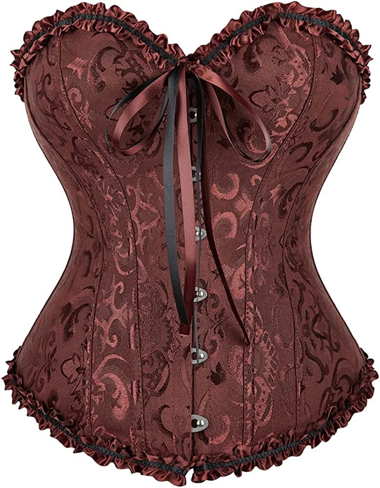 Women Lace Up Overbust Corset Satin Floral Bodyshaper