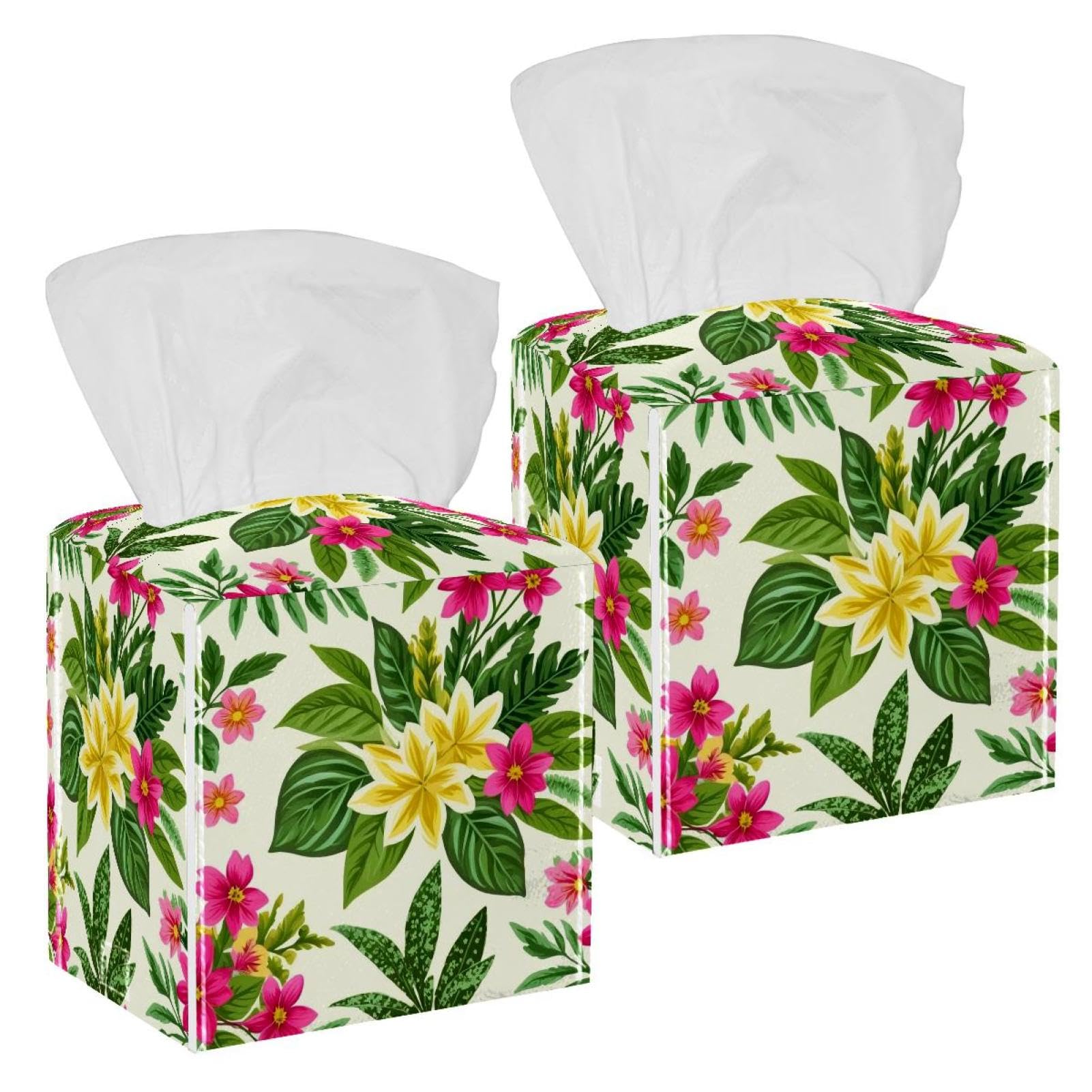 Artistic Leaves Tissue Box Cover, 2 Pack PU Leather Square Facial Tissue Dispenser Box holder for Home Office Car