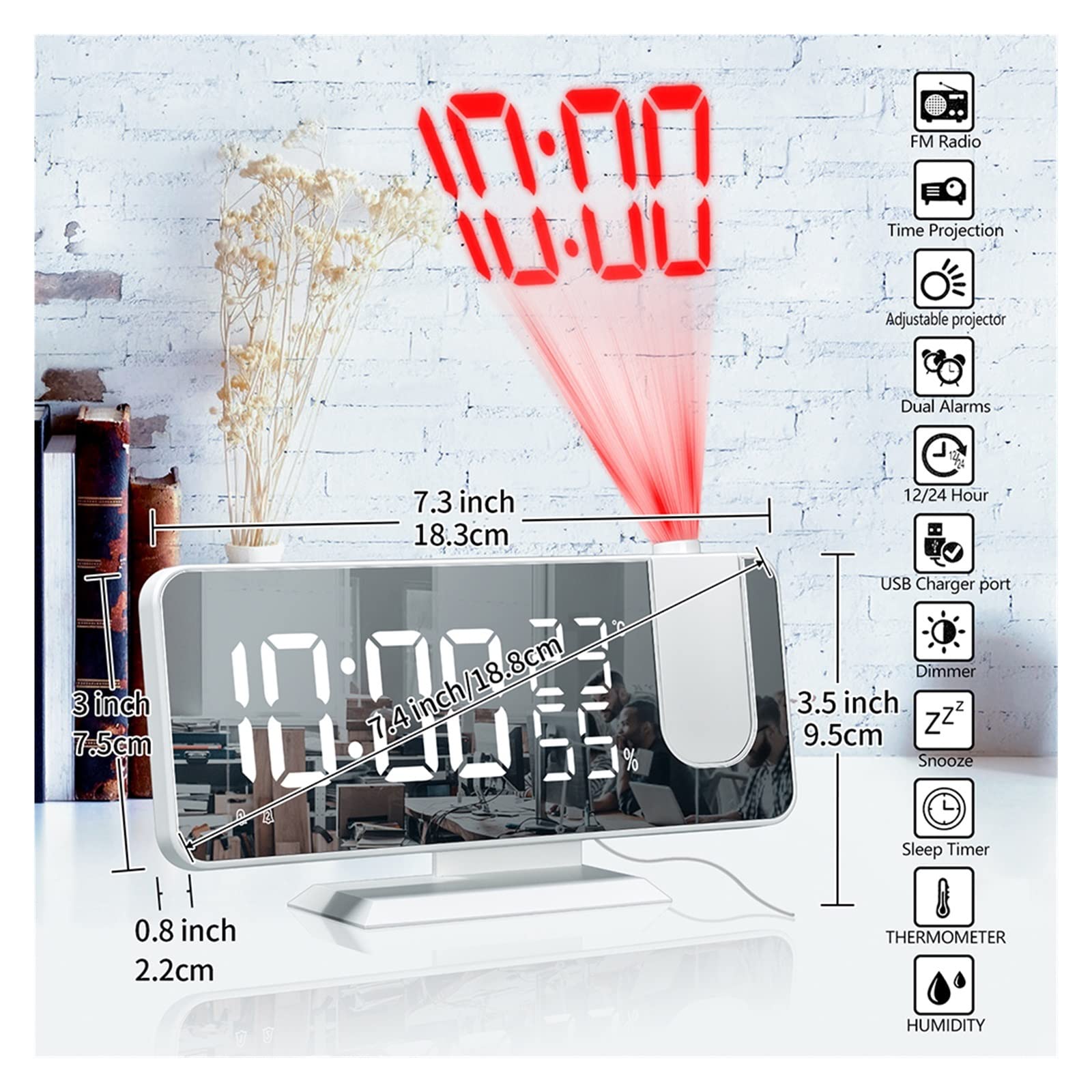 Reloj Proyector Radio FM LED Digital Reloj Despertador Inteligente Mesa De Reloj Relojes Electrónicos De Escritorio Despertador USB con Repetición De Tiempo De Proyección De 180 °(Gold)