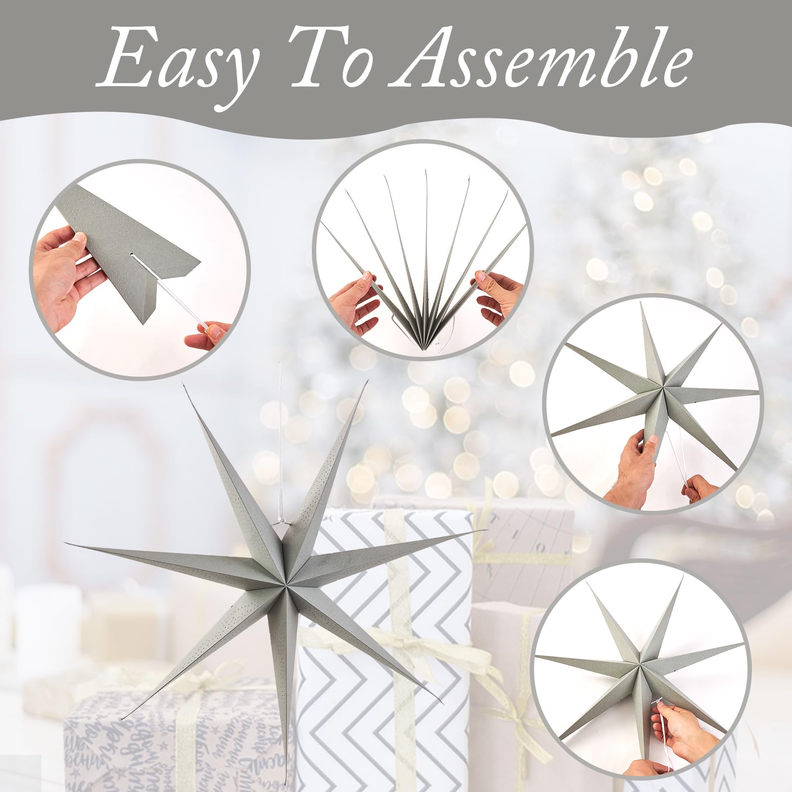 EASY JOY 5 Pcs Christmas Paper Stars Decorations 7-Pointed 12 Inch Natural Hanging Paper Star Lanterns Christmas Hanging Lamp for Holiday Xmas Party Home Indoor Decor - Image 4