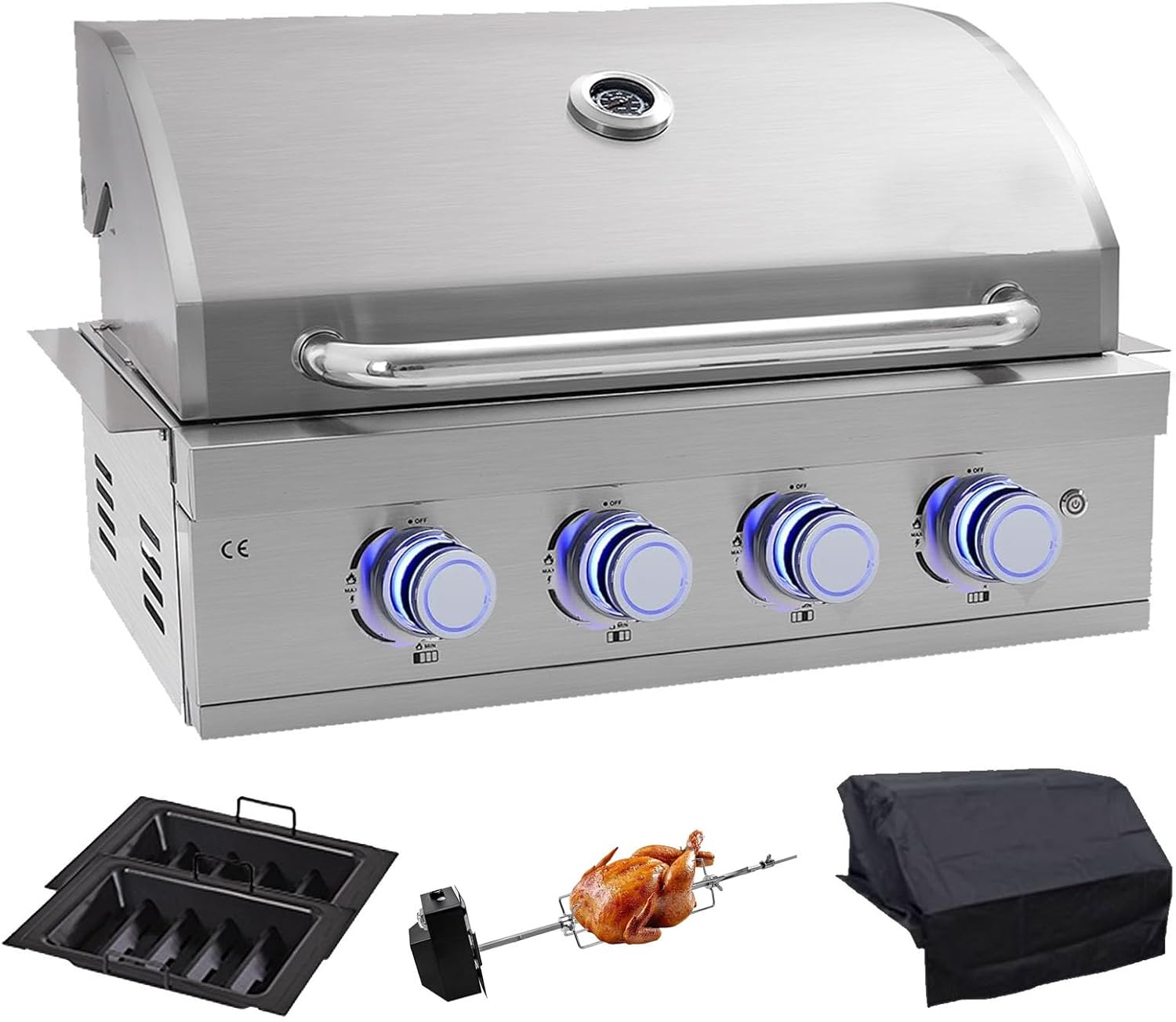 28-inch Built-in Gas Grill，4 Burner Propane Grill with Rear Burner 48,400 BTU, Built-in BBQ Grill Stainless Steel, Charcoal and Propane Gas Dual Fuel for Outdoor Kitchen Island