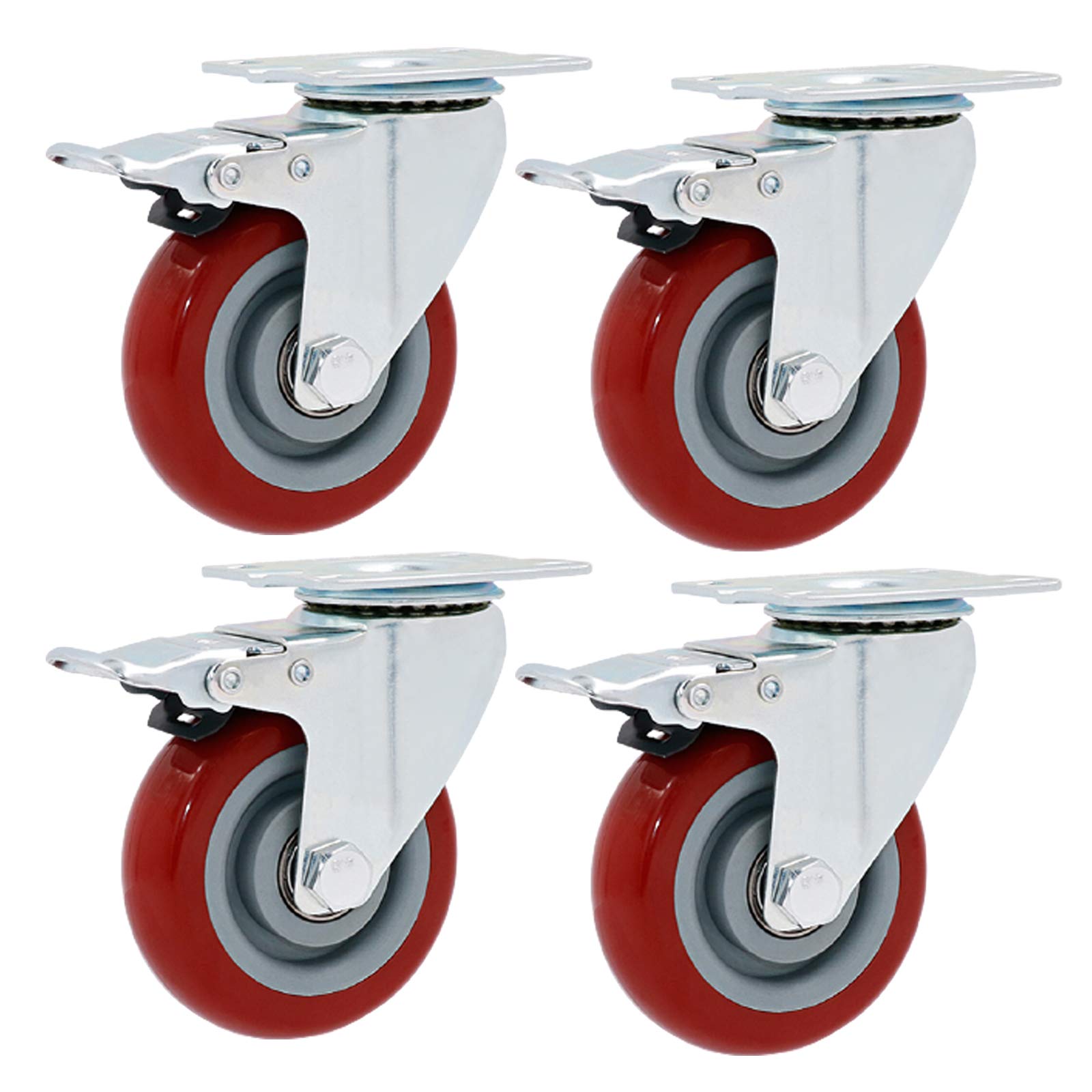 GYRAZXS 4x Heavy-Duty Swivel Cs with Brake 100mm Polyurethane Replacement Wheels Dual Bearing Furniture Rollers for Trolley Carts Plate Mount Design