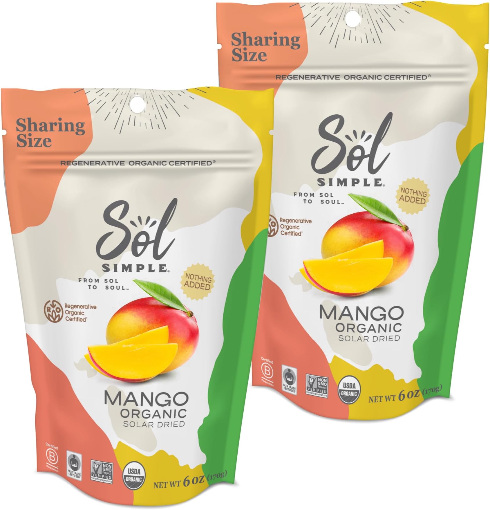 SOL SIMPLE Organic Dried Mango | 6oz Snack Pack (2 Bags Total) | One Ingredient | Vegan | Non-GMO | No Added Sugar | Fair Trade | Dried Fruit | Mango