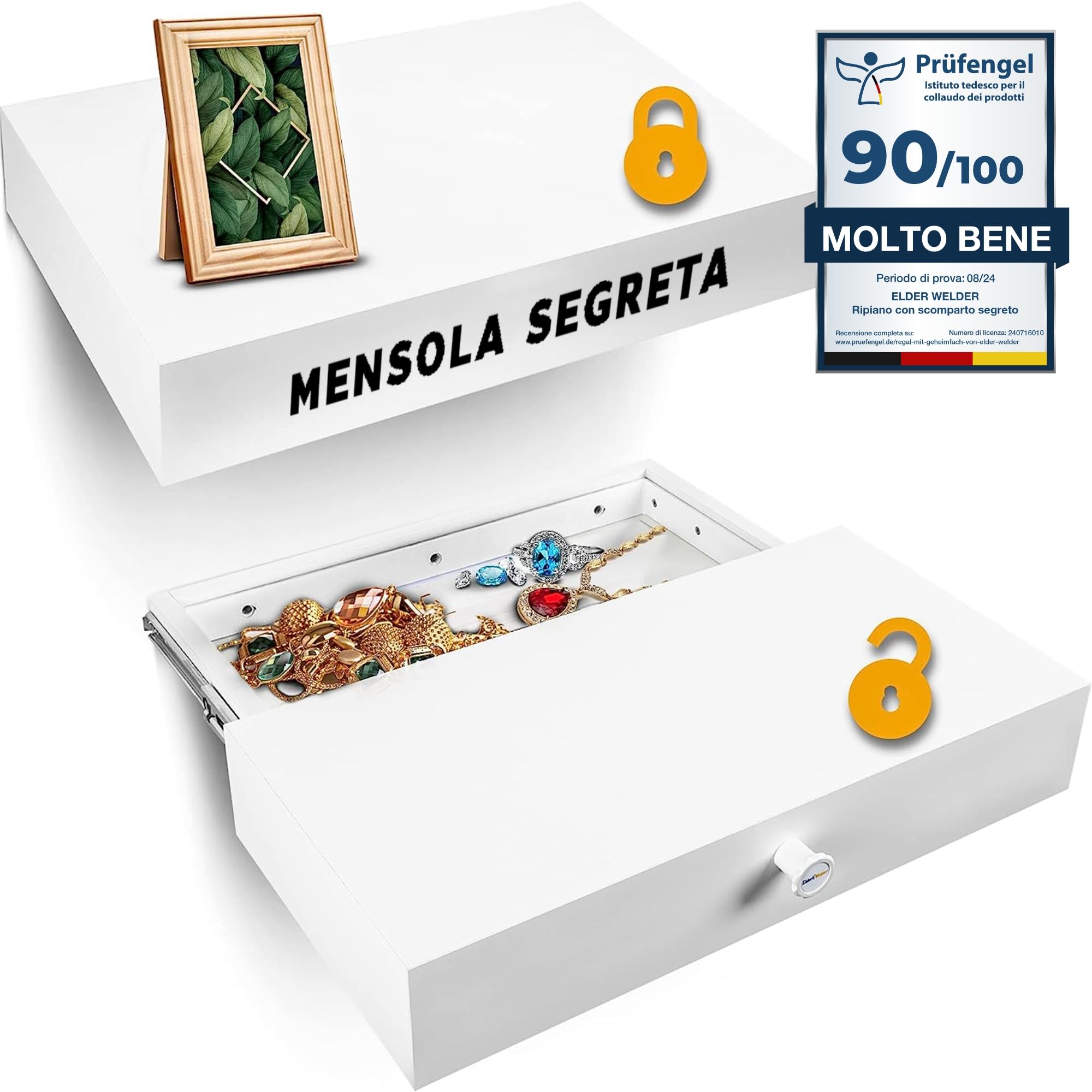 Elder Welder® Cassaforte Invisibile Mensola | 30 cm x 60 cm | Armadio, Nascosta | da Muro, Bianca con Cassetta di Sicurezza e Chiave